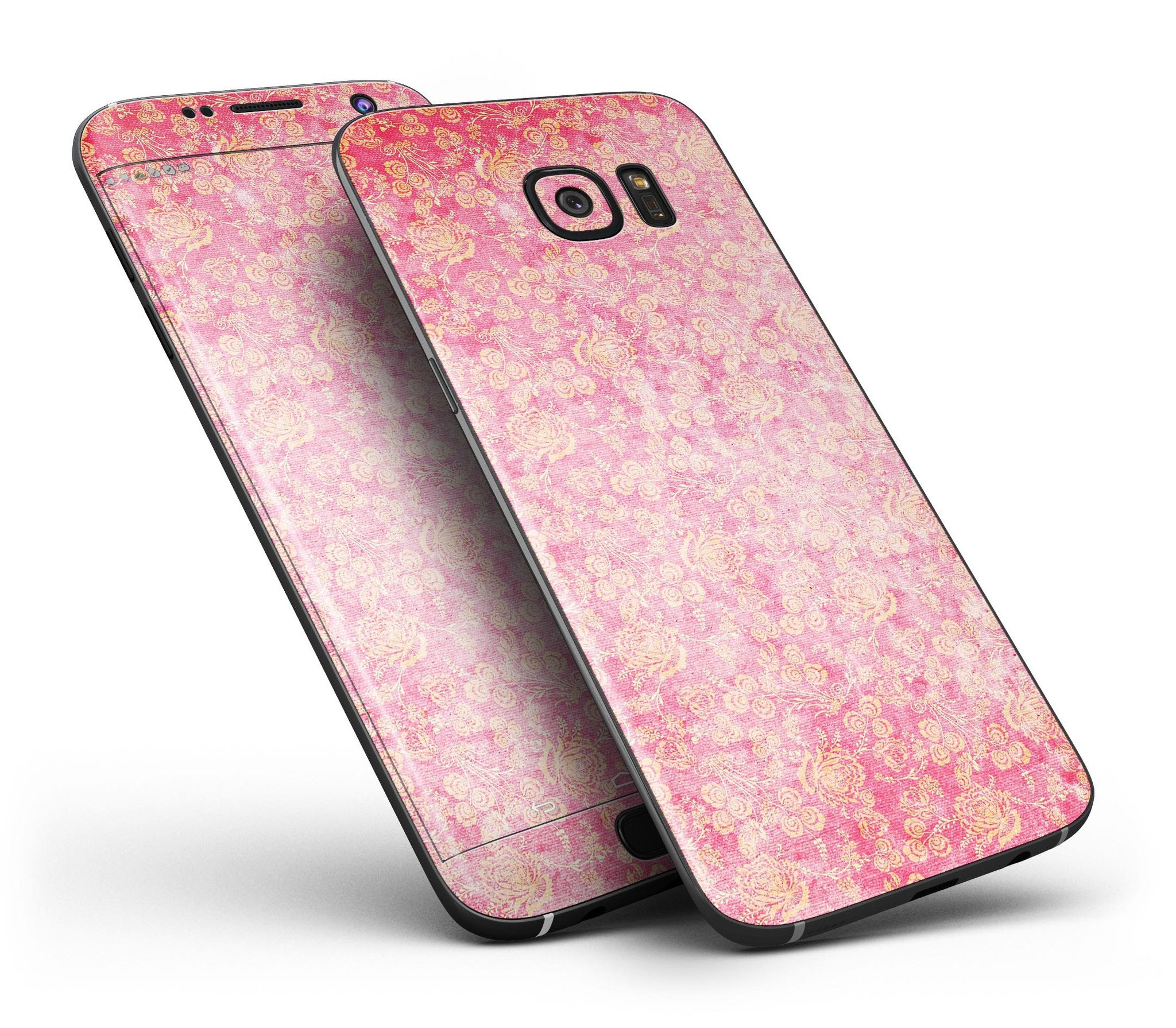 Grungy Floral Pattern Skin-Kit for Samsung Galaxy S7/S7 Edge in scratched pink design, showcasing vibrant floral graphics.