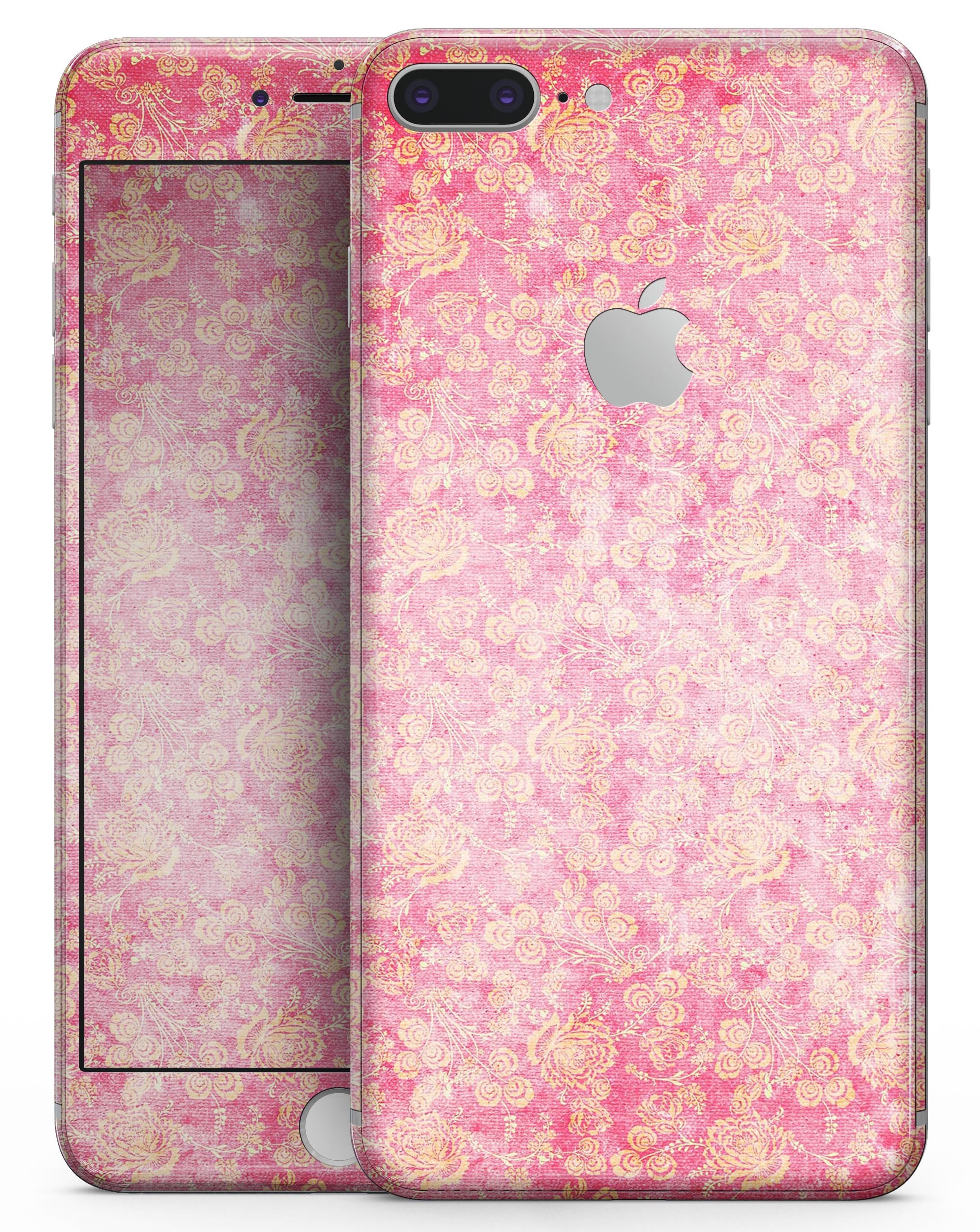 Grungy floral pattern skin for iPhone 8, showcasing a scratched pink background with vibrant floral designs.