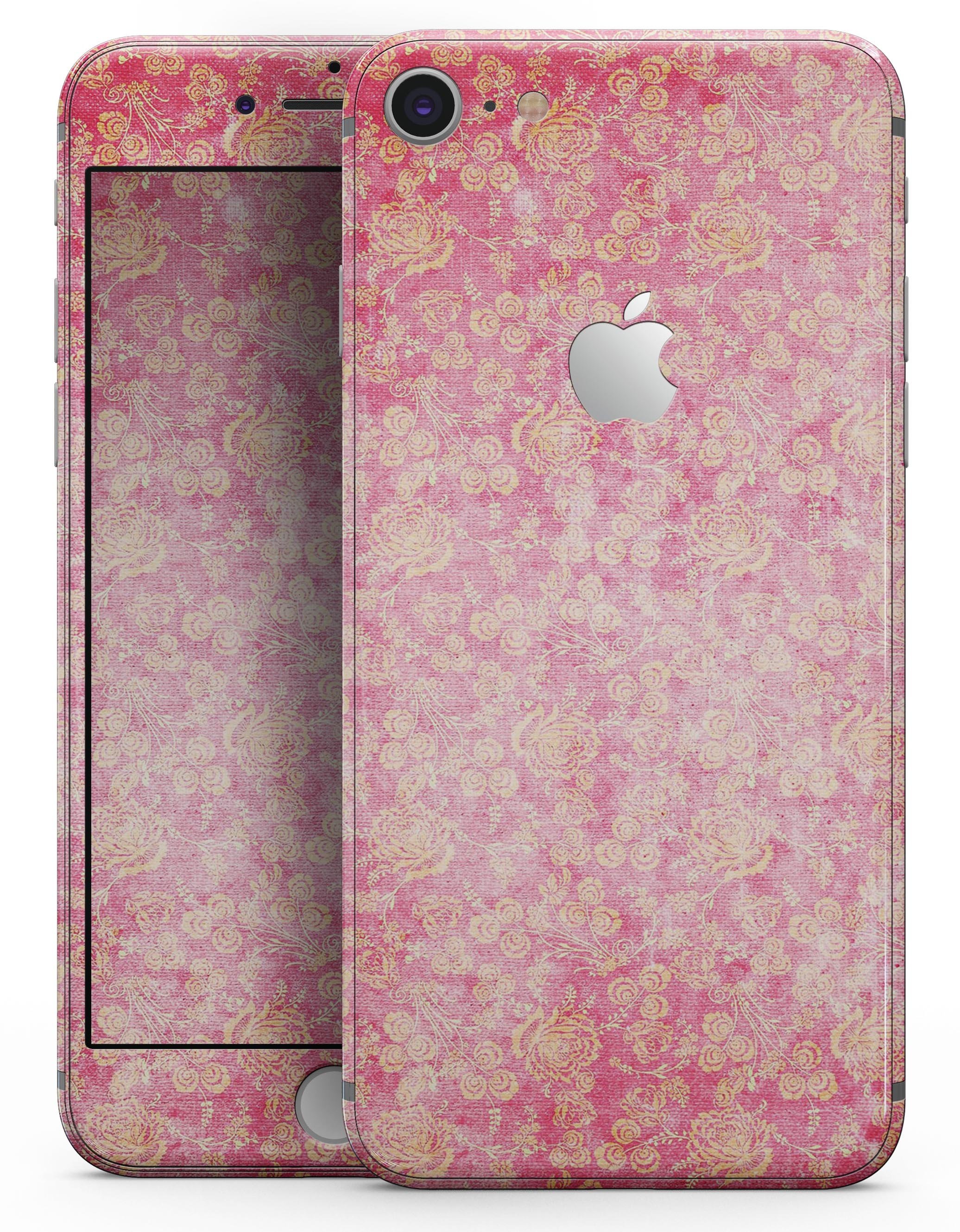 Grungy floral pattern skin for iPhone 8, showcasing a scratched pink background with vibrant floral designs.