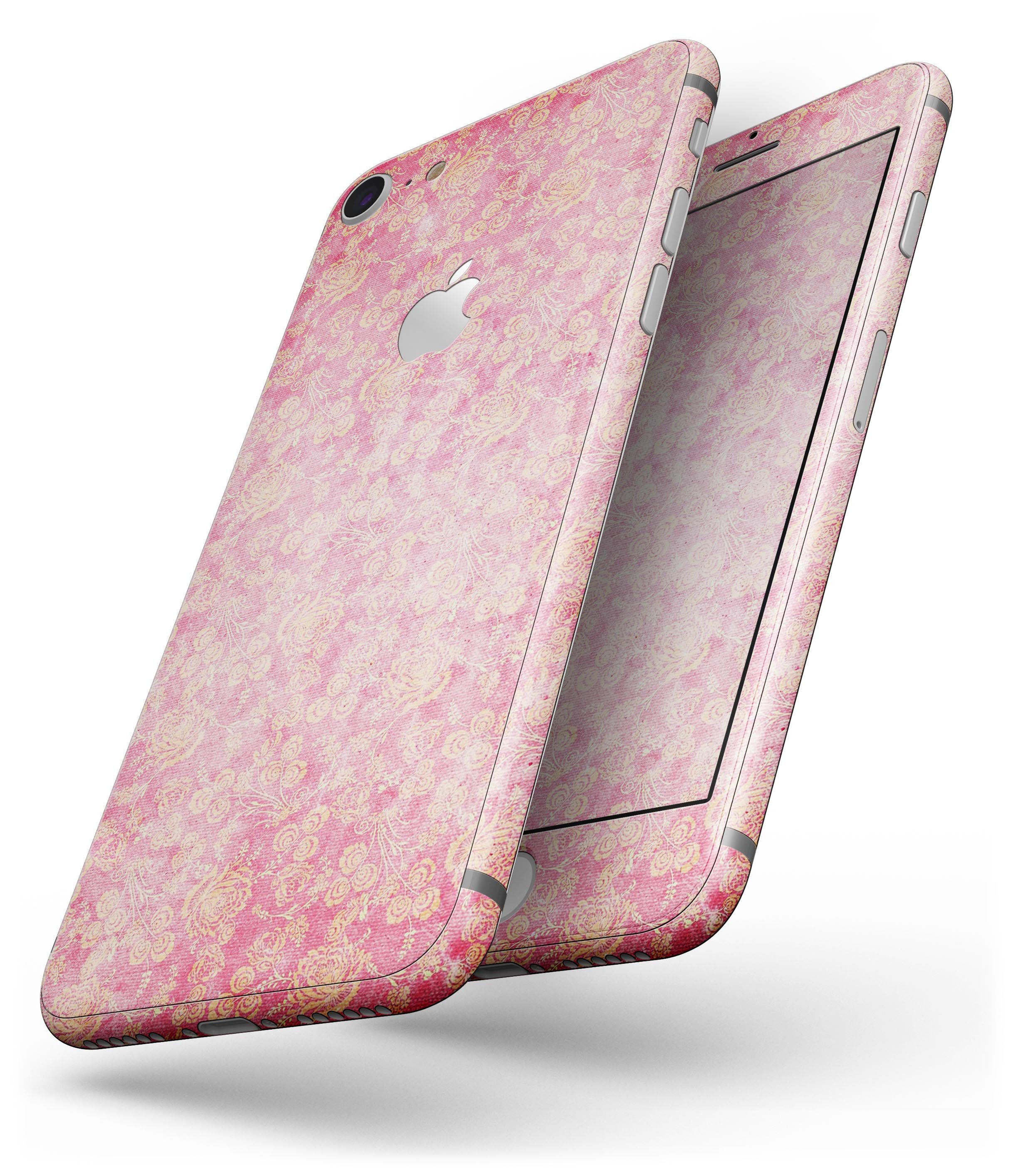 Grungy floral pattern skin for iPhone 8, showcasing a scratched pink background with vibrant floral designs.