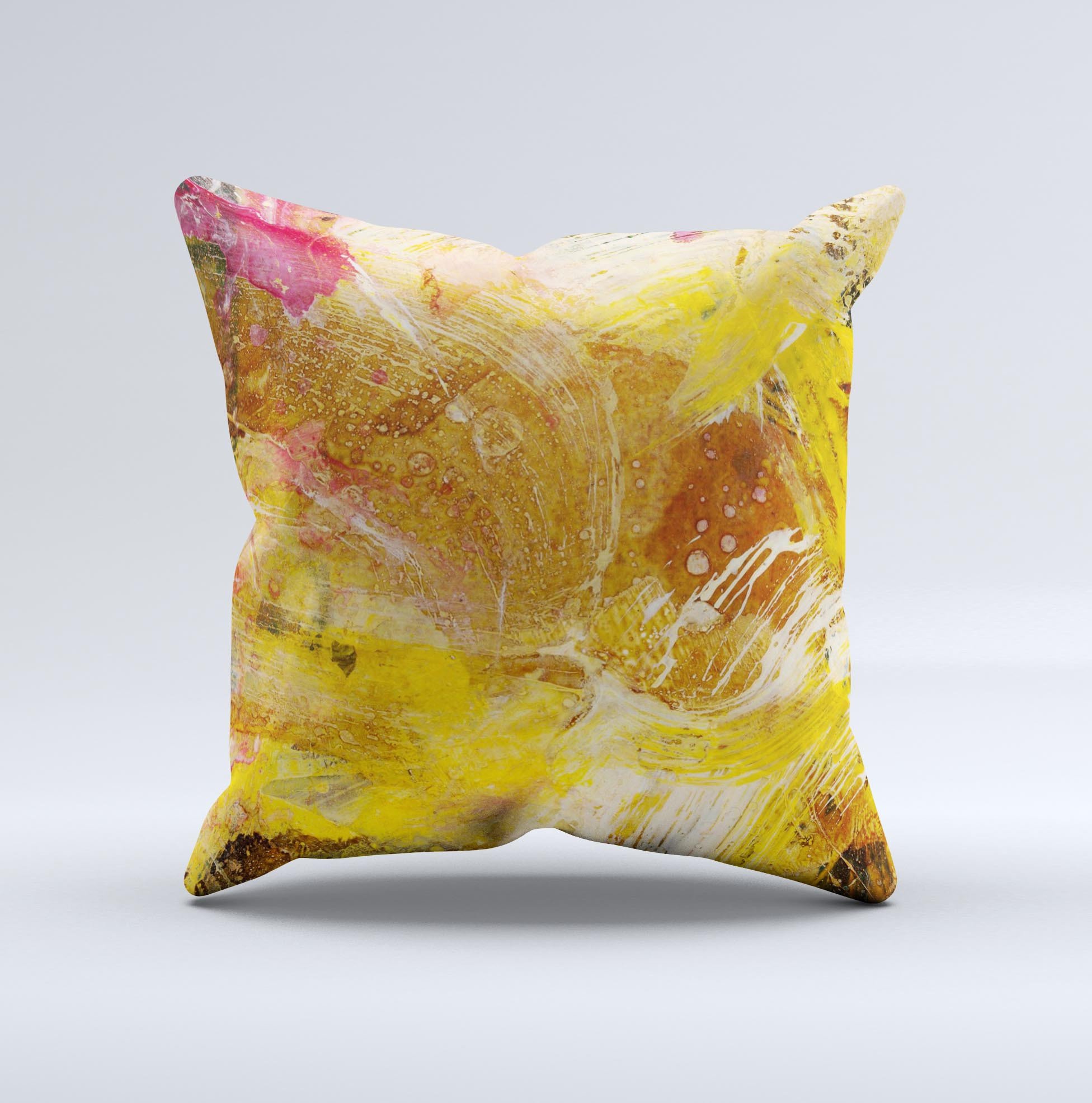 Grungy Golden Paint Ink-Fuzed Decorative Throw Pillow showcasing unique design and high-quality fabric.