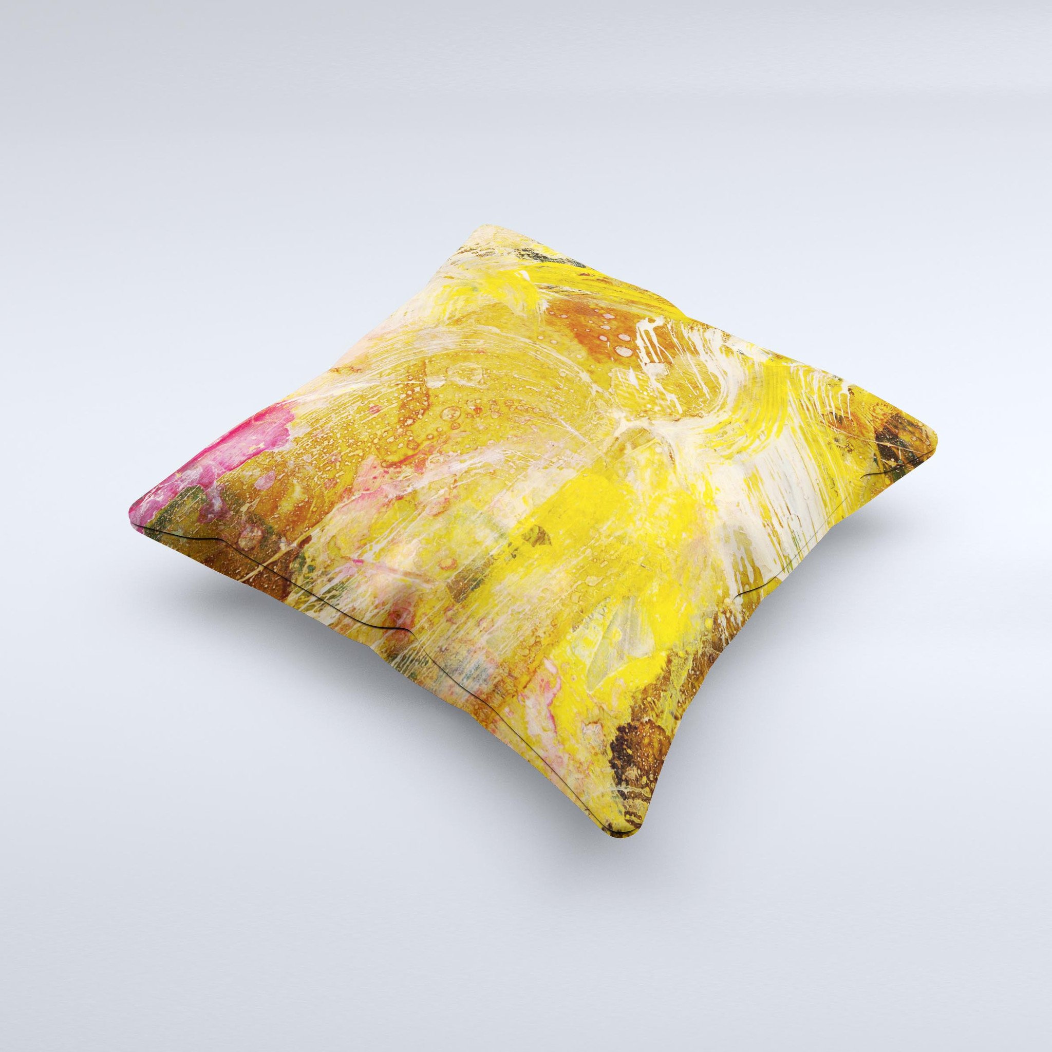 Grungy Golden Paint Ink-Fuzed Decorative Throw Pillow showcasing unique design and high-quality fabric.