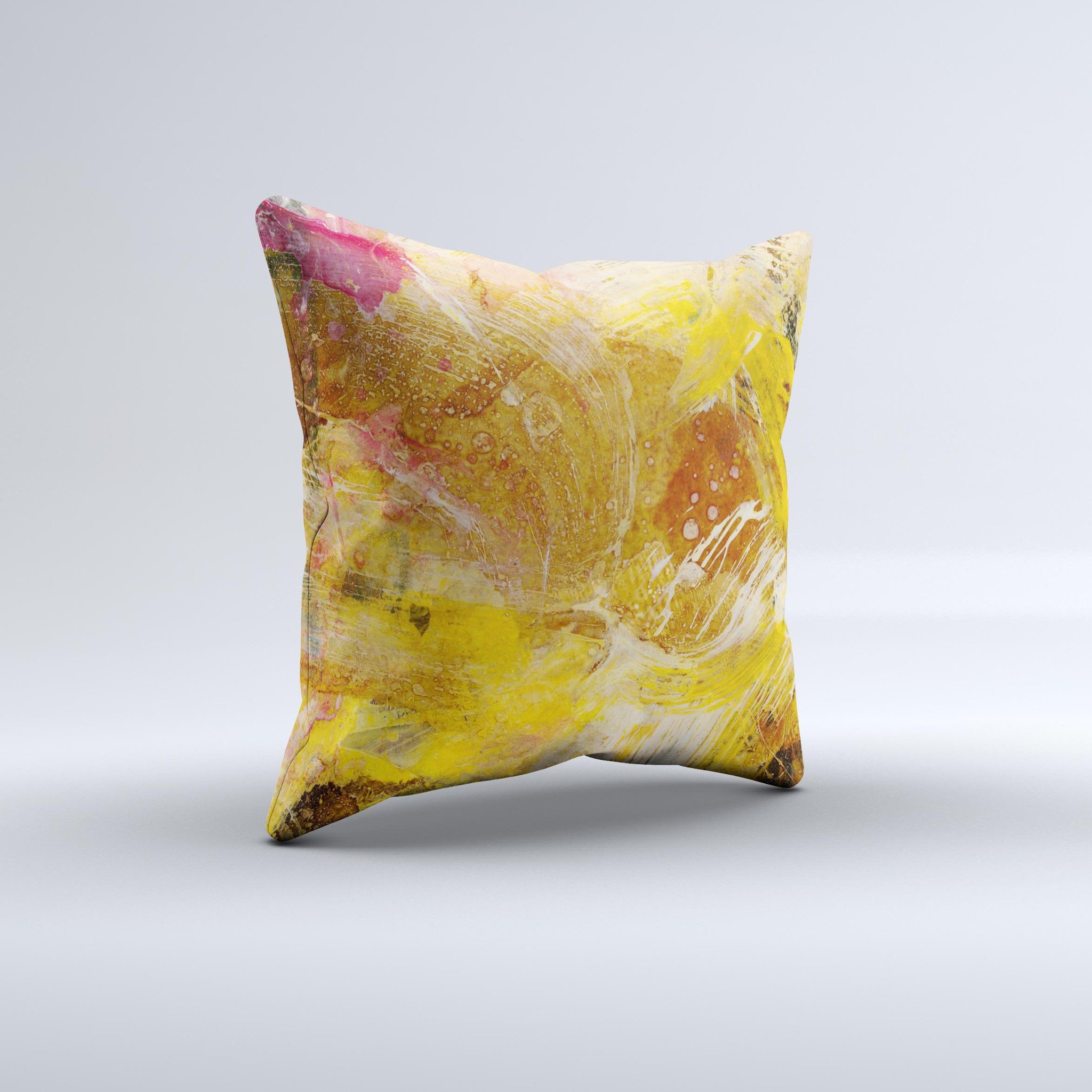 Grungy Golden Paint Ink-Fuzed Decorative Throw Pillow showcasing unique design and high-quality fabric.