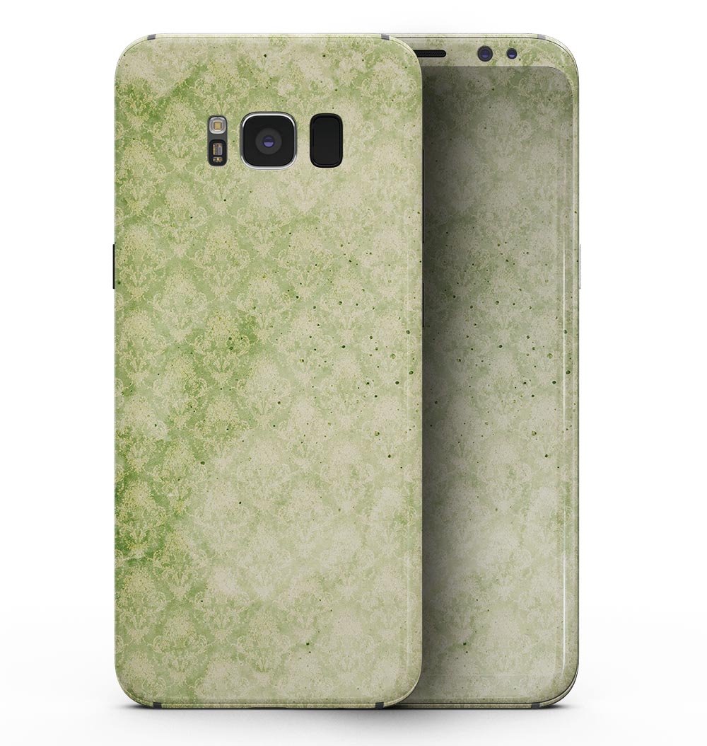 Grungy green faded damask pattern skin for Samsung Galaxy S8, showcasing intricate design and premium vinyl material.