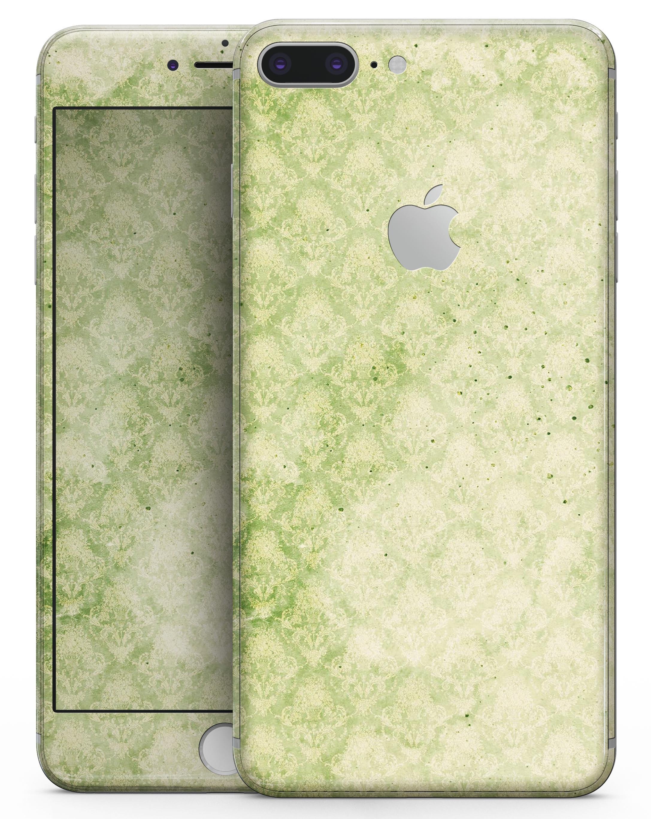 Grungy Green Faded Damask Pattern skin for iPhone 8 and 8 Plus, showcasing a stylish design that protects the device.