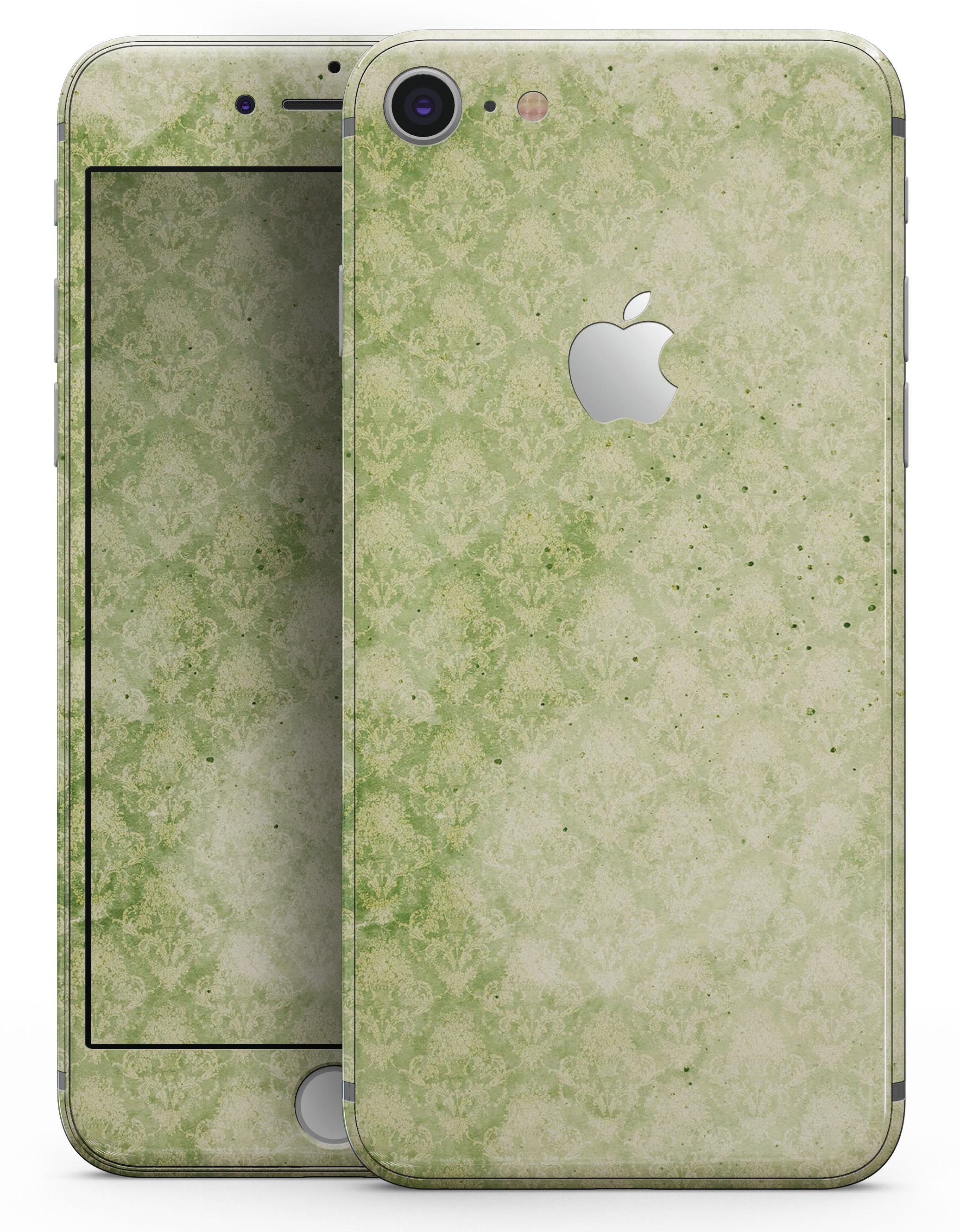 Grungy Green Faded Damask Pattern skin for iPhone 8 and 8 Plus, showcasing a stylish design that protects the device.