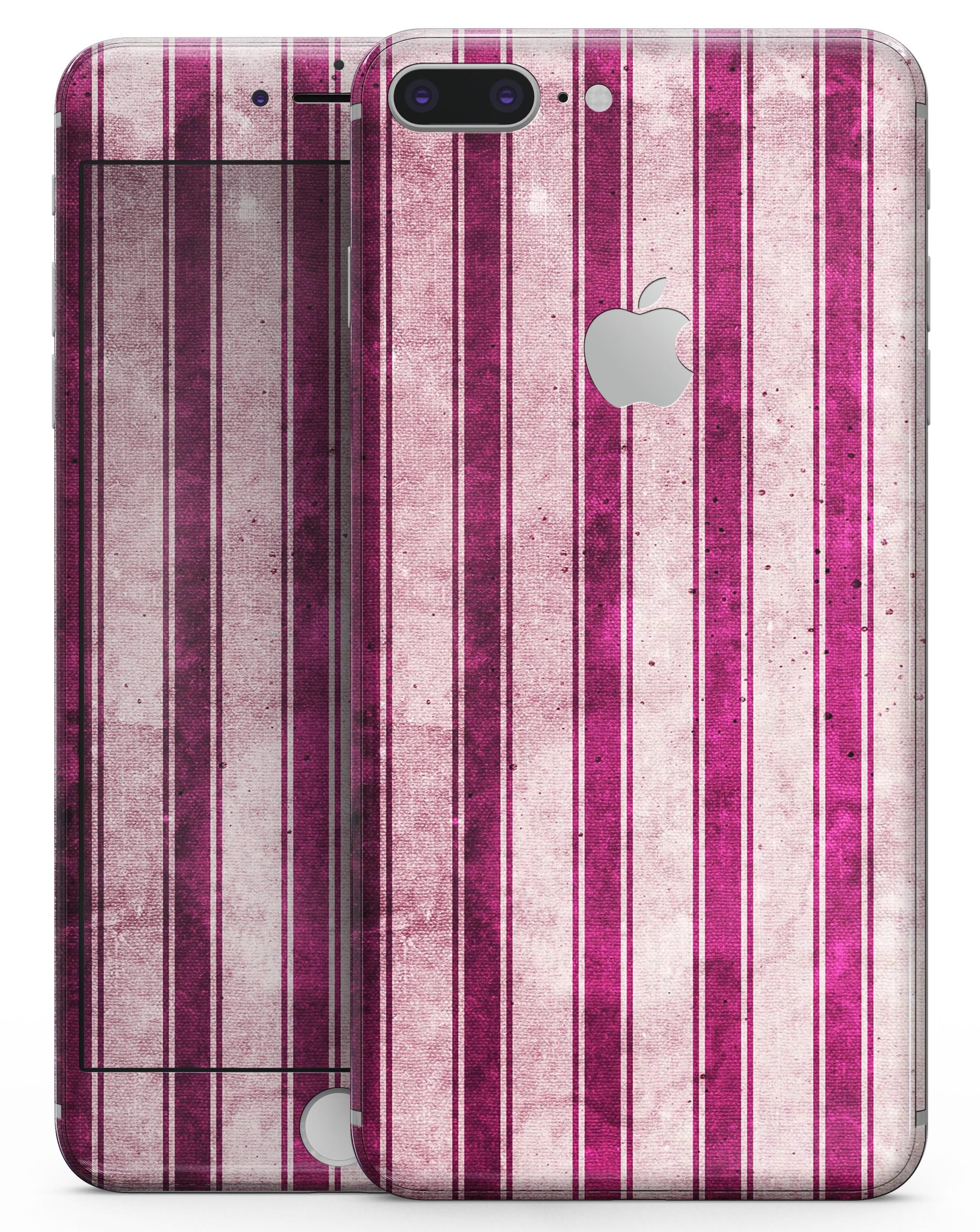 Grungy magenta and pink vertical stripes skin-kit for iPhone 8, showcasing vibrant colors and stylish design.