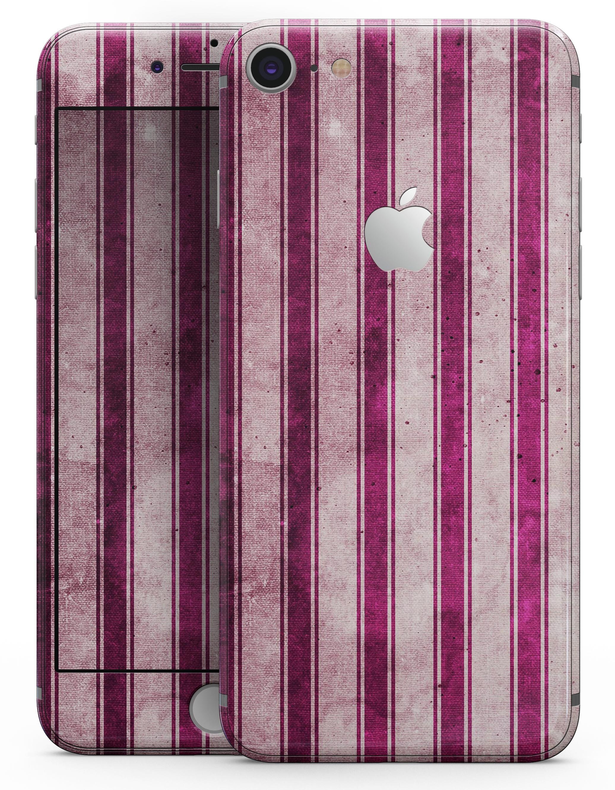 Grungy magenta and pink vertical stripes skin-kit for iPhone 8, showcasing vibrant colors and stylish design.