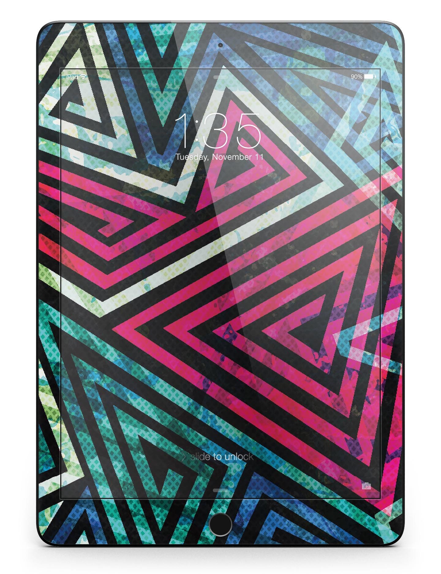 Grungy Neon Triangular Zig Zag Shapes skin for iPad Pro, showcasing vibrant colors and unique design.