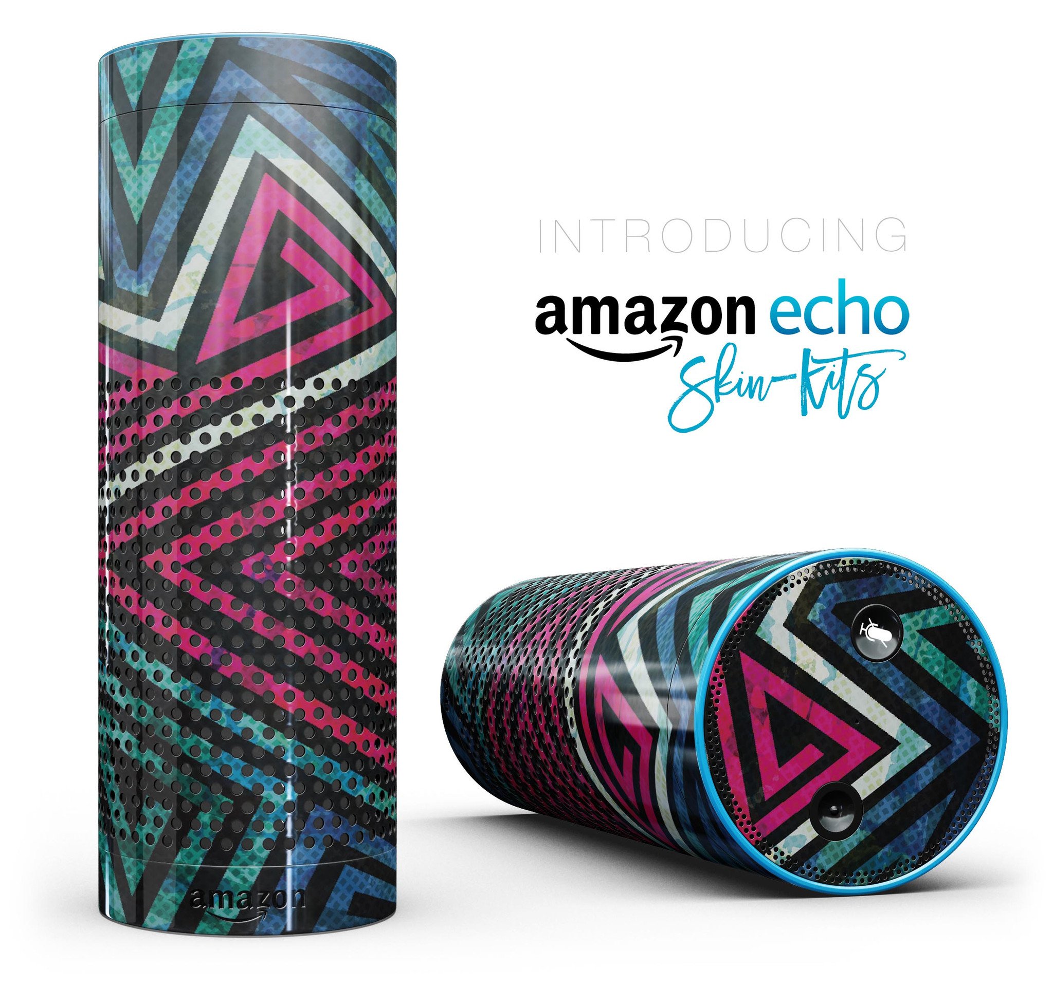 Full-body skin-kit featuring grungy neon triangular zig zag shapes designed for Amazon Echo, showcasing vibrant colors and unique patterns.