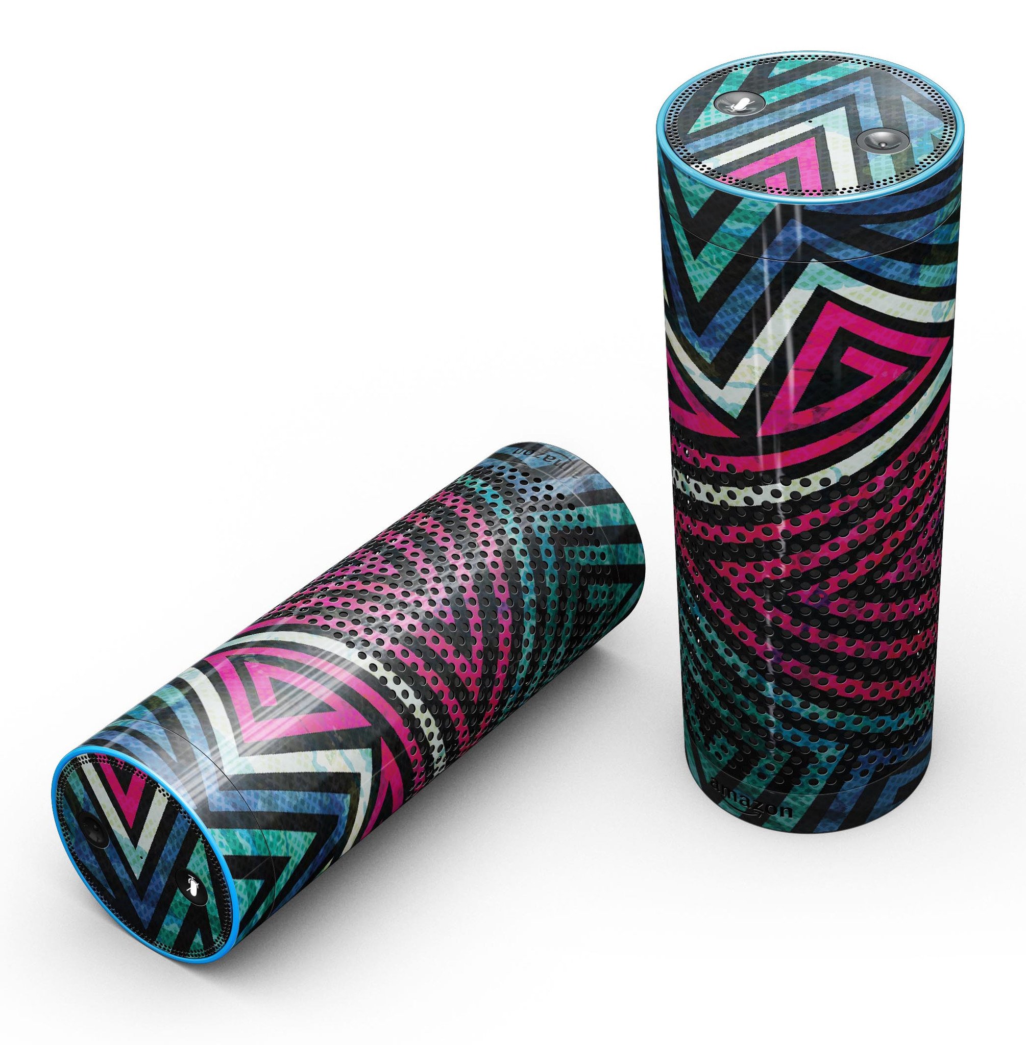 Full-body skin-kit featuring grungy neon triangular zig zag shapes designed for Amazon Echo, showcasing vibrant colors and unique patterns.