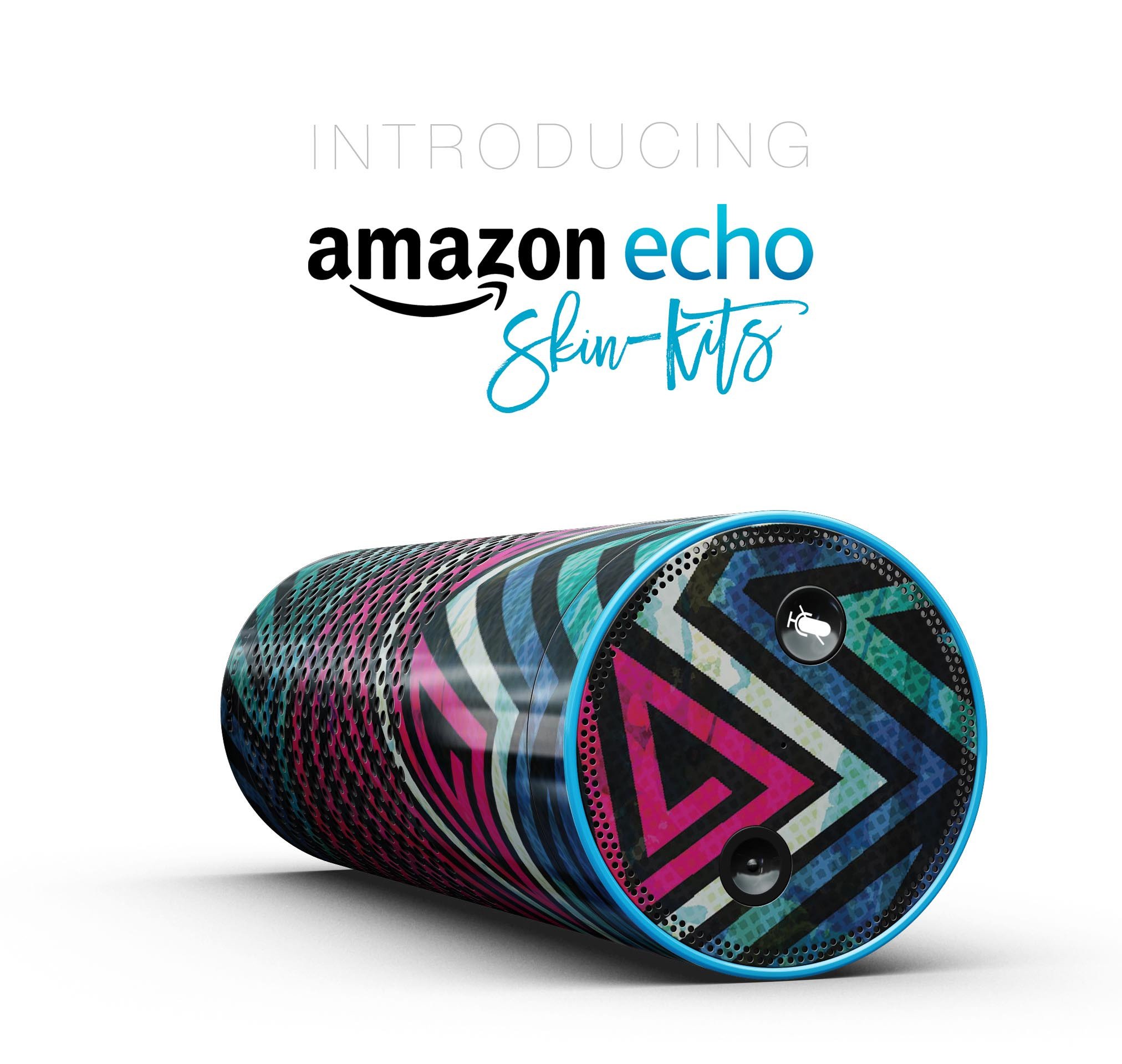 Full-body skin-kit featuring grungy neon triangular zig zag shapes designed for Amazon Echo, showcasing vibrant colors and unique patterns.