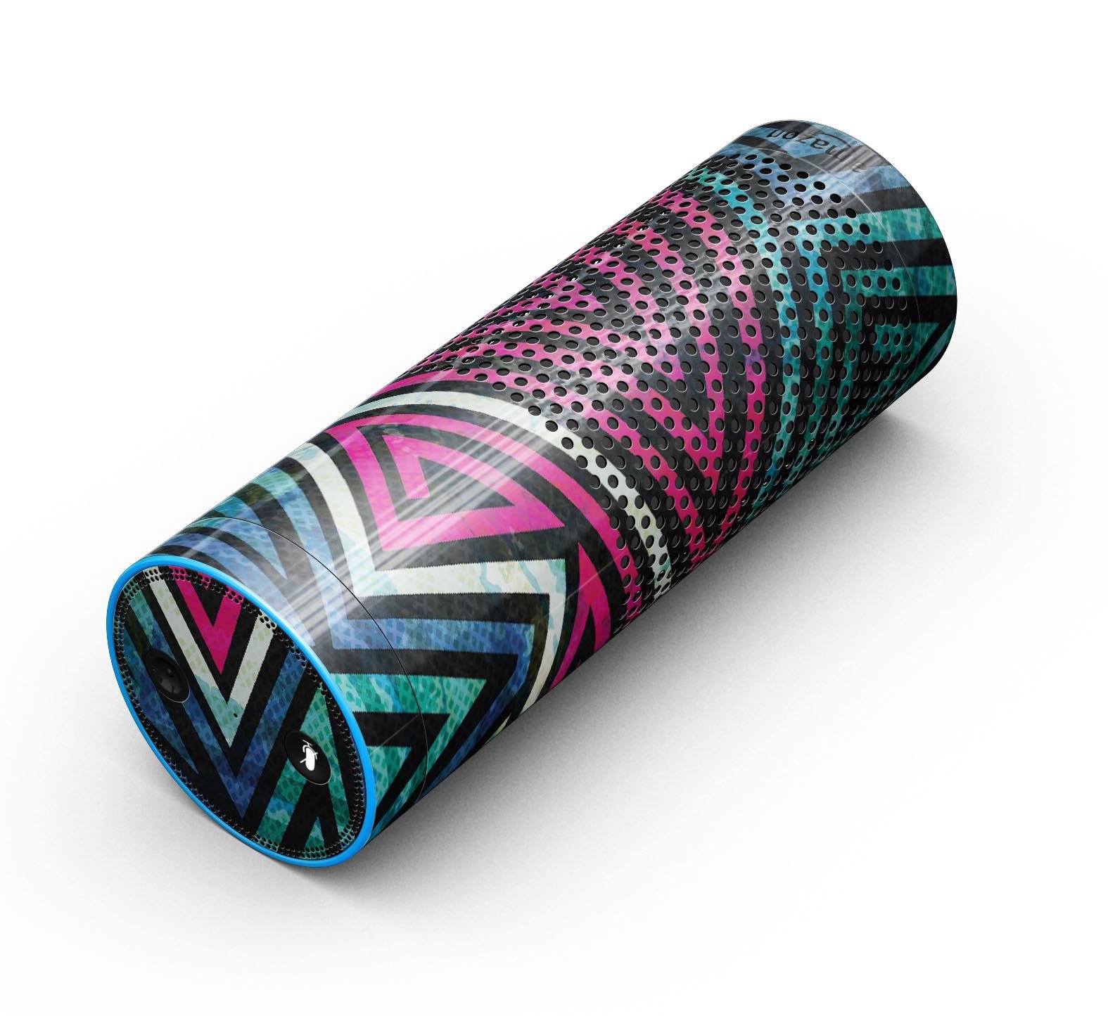 Full-body skin-kit featuring grungy neon triangular zig zag shapes designed for Amazon Echo, showcasing vibrant colors and unique patterns.