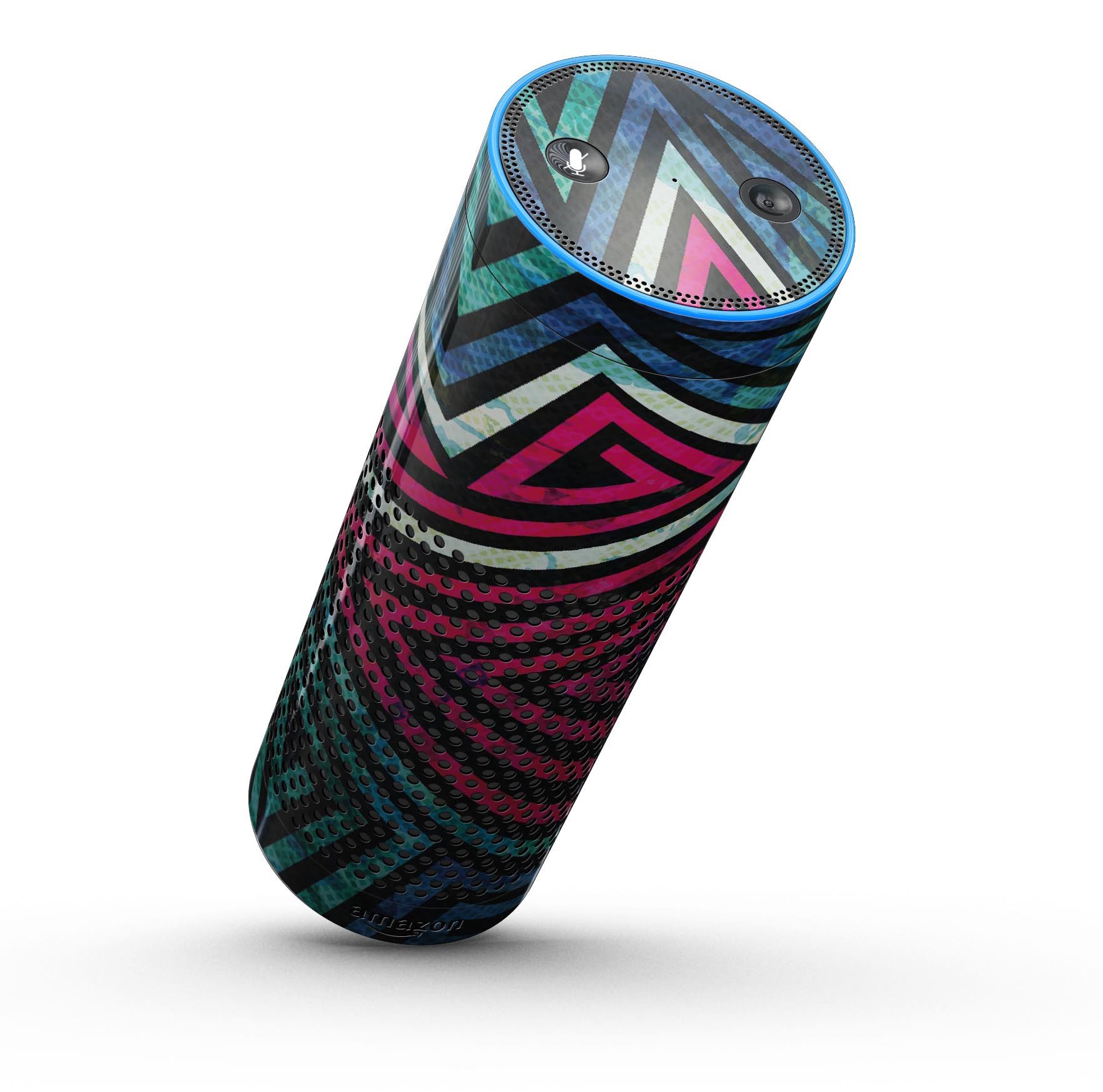 Full-body skin-kit featuring grungy neon triangular zig zag shapes designed for Amazon Echo, showcasing vibrant colors and unique patterns.