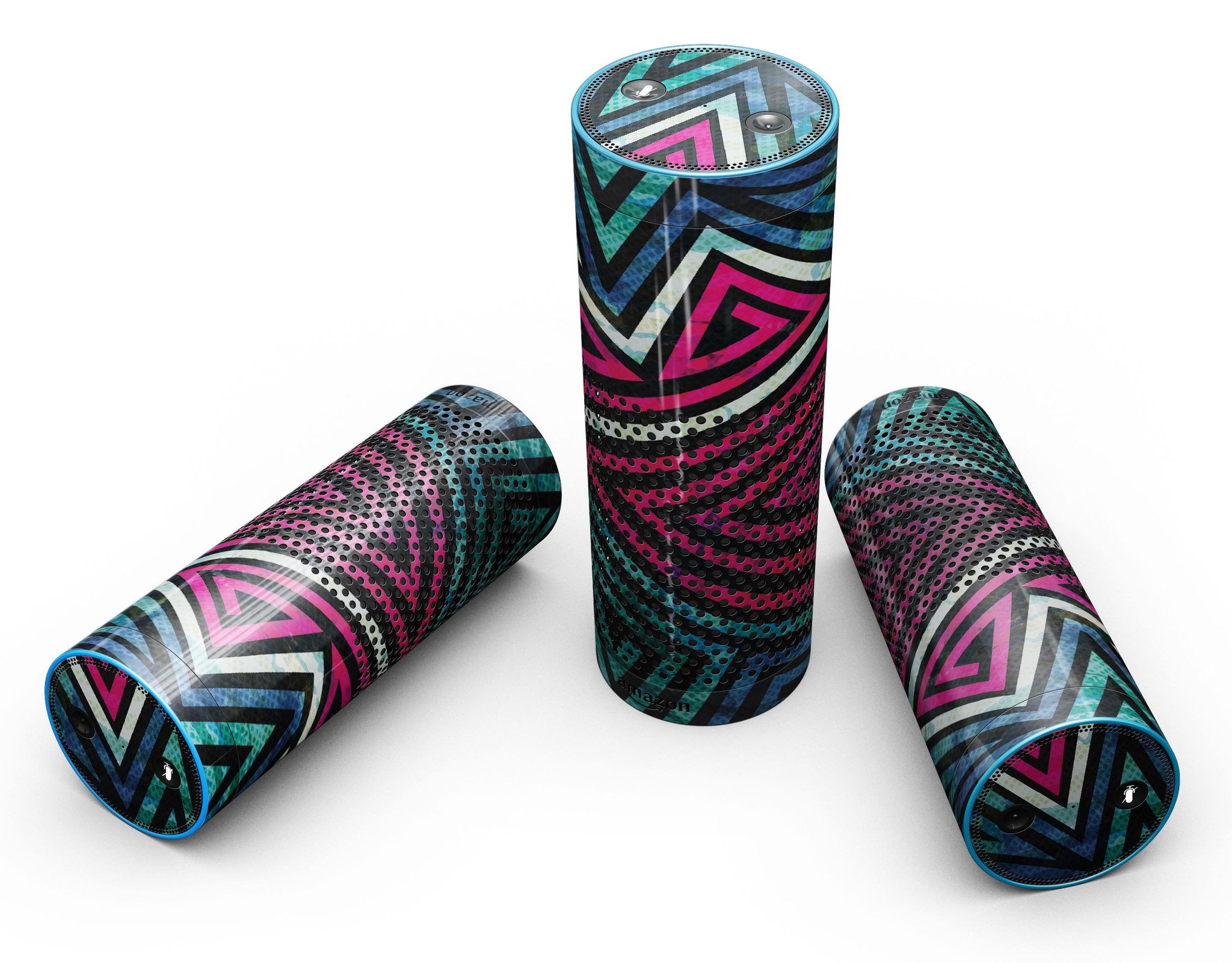 Full-body skin-kit featuring grungy neon triangular zig zag shapes designed for Amazon Echo, showcasing vibrant colors and unique patterns.