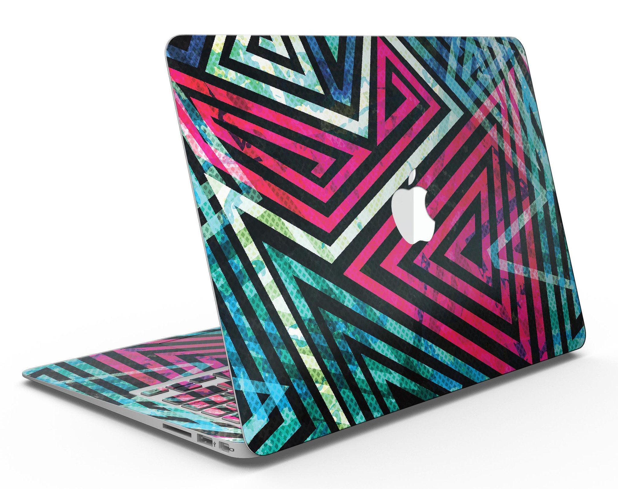 Grungy Neon Triangular Zig Zag Shapes MacBook Air Skin Kit showcasing vibrant colors and unique design.