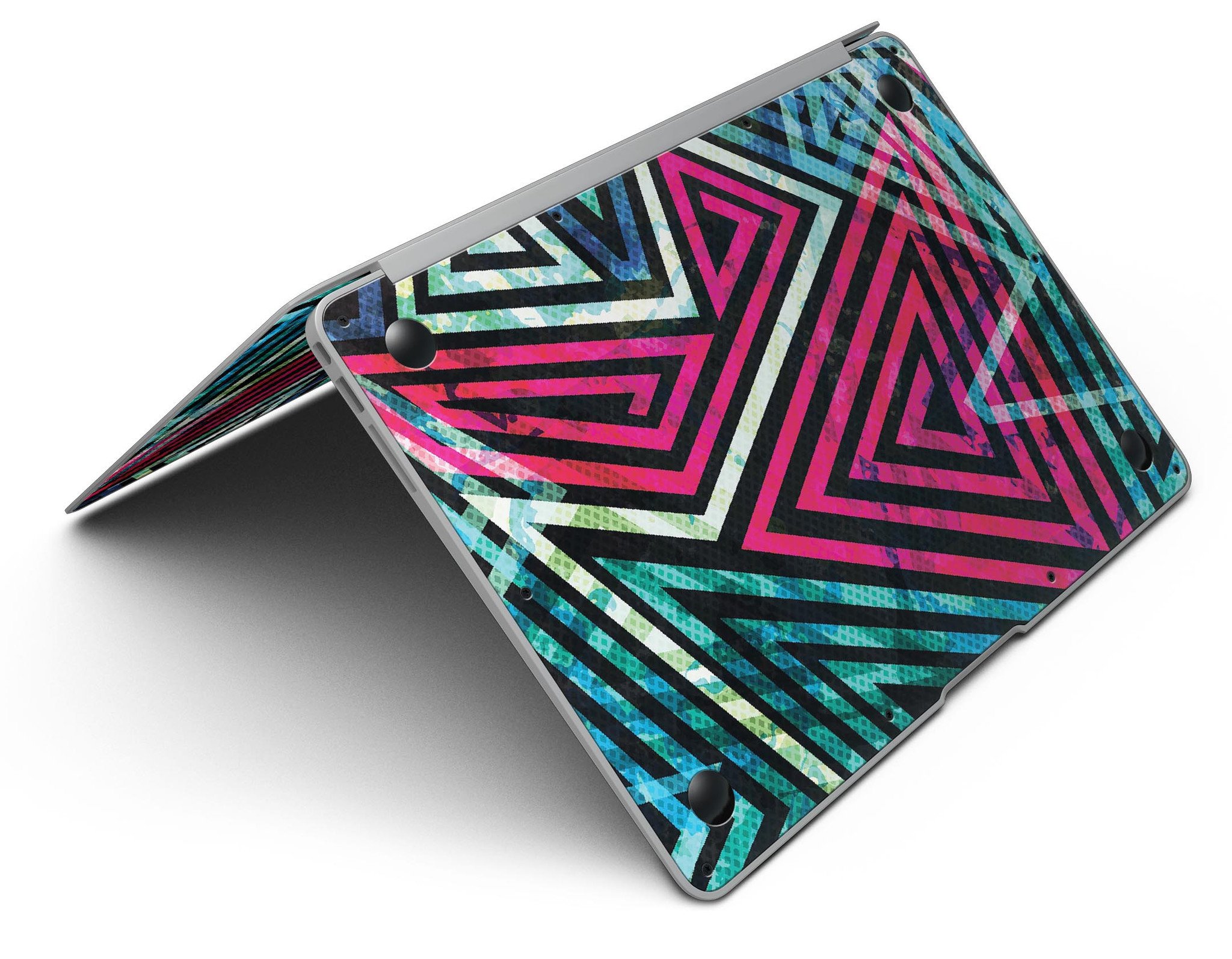 Grungy Neon Triangular Zig Zag Shapes MacBook Air Skin Kit showcasing vibrant colors and unique design.