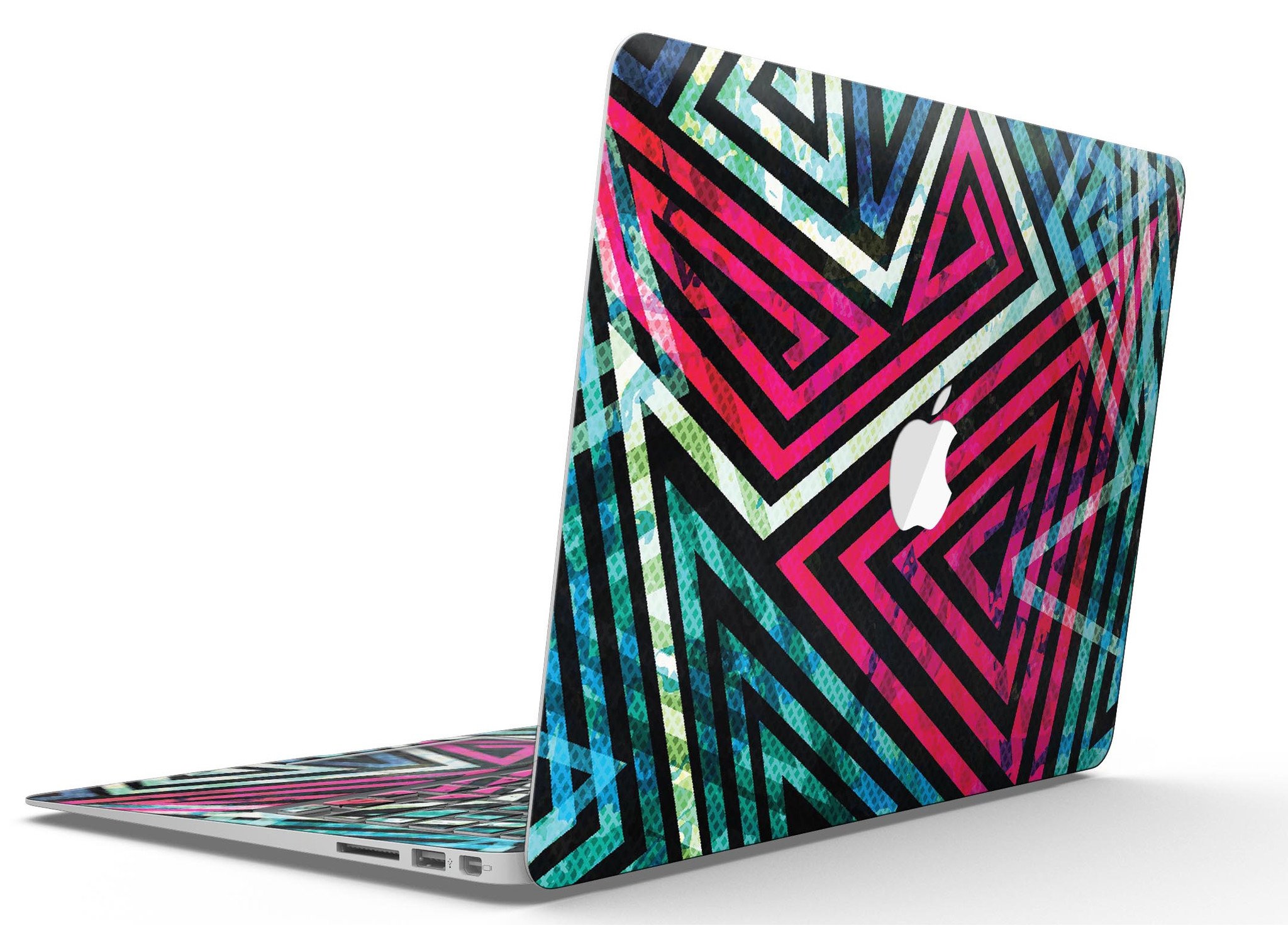 Grungy Neon Triangular Zig Zag Shapes MacBook Air Skin Kit showcasing vibrant colors and unique design.