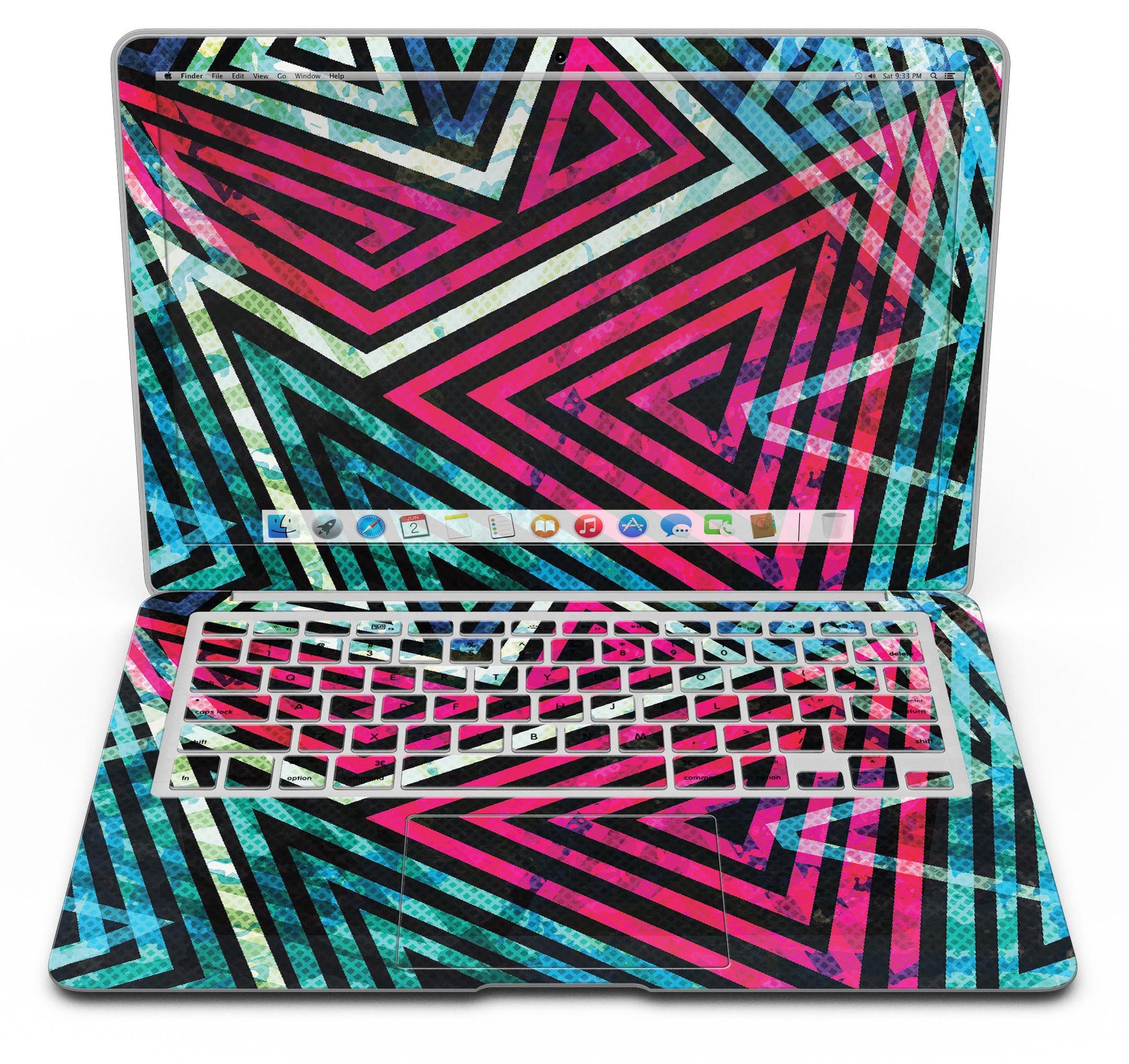 Grungy Neon Triangular Zig Zag Shapes MacBook Air Skin Kit showcasing vibrant colors and unique design.