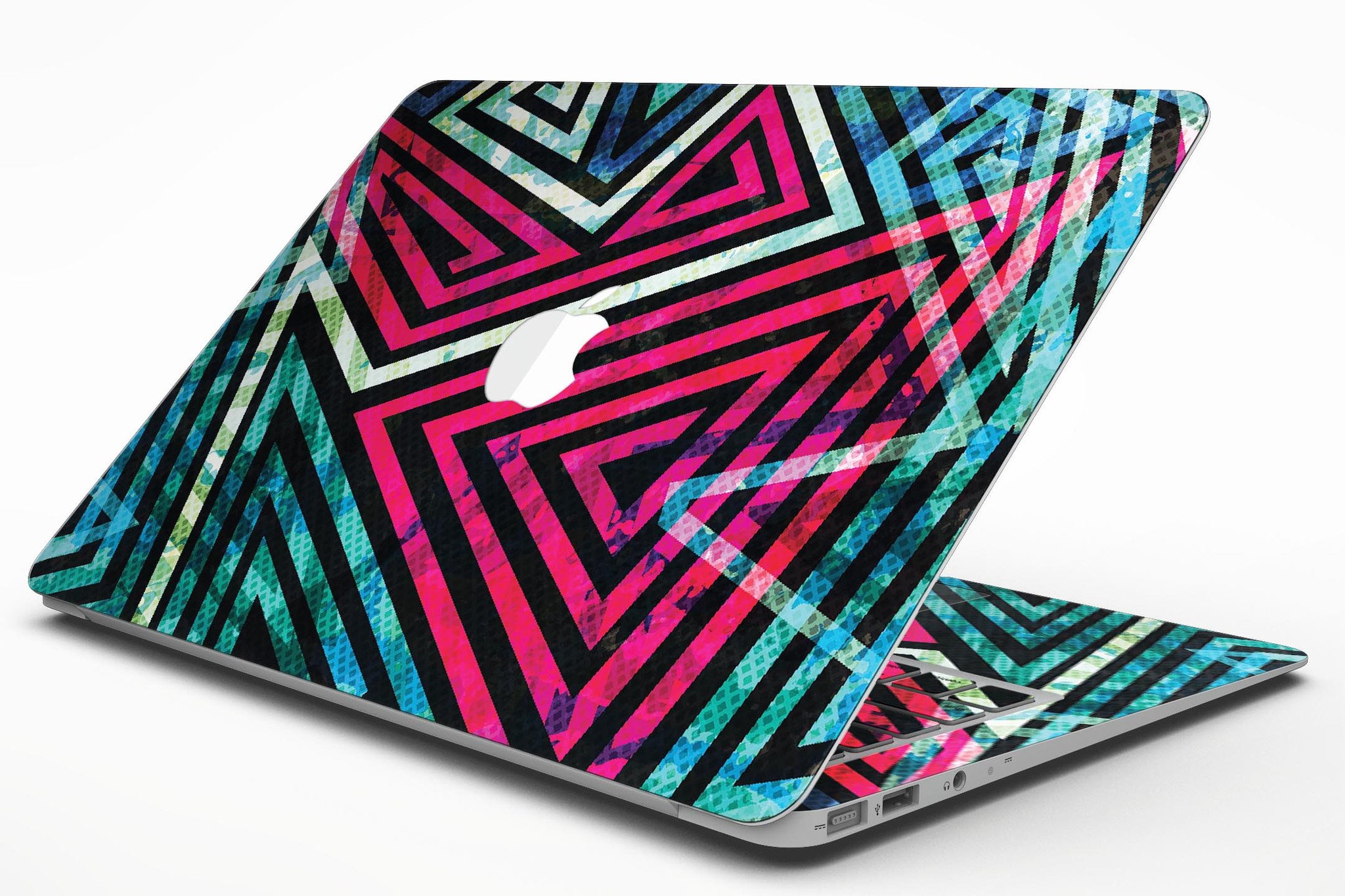 Grungy Neon Triangular Zig Zag Shapes MacBook Air Skin Kit showcasing vibrant colors and unique design.