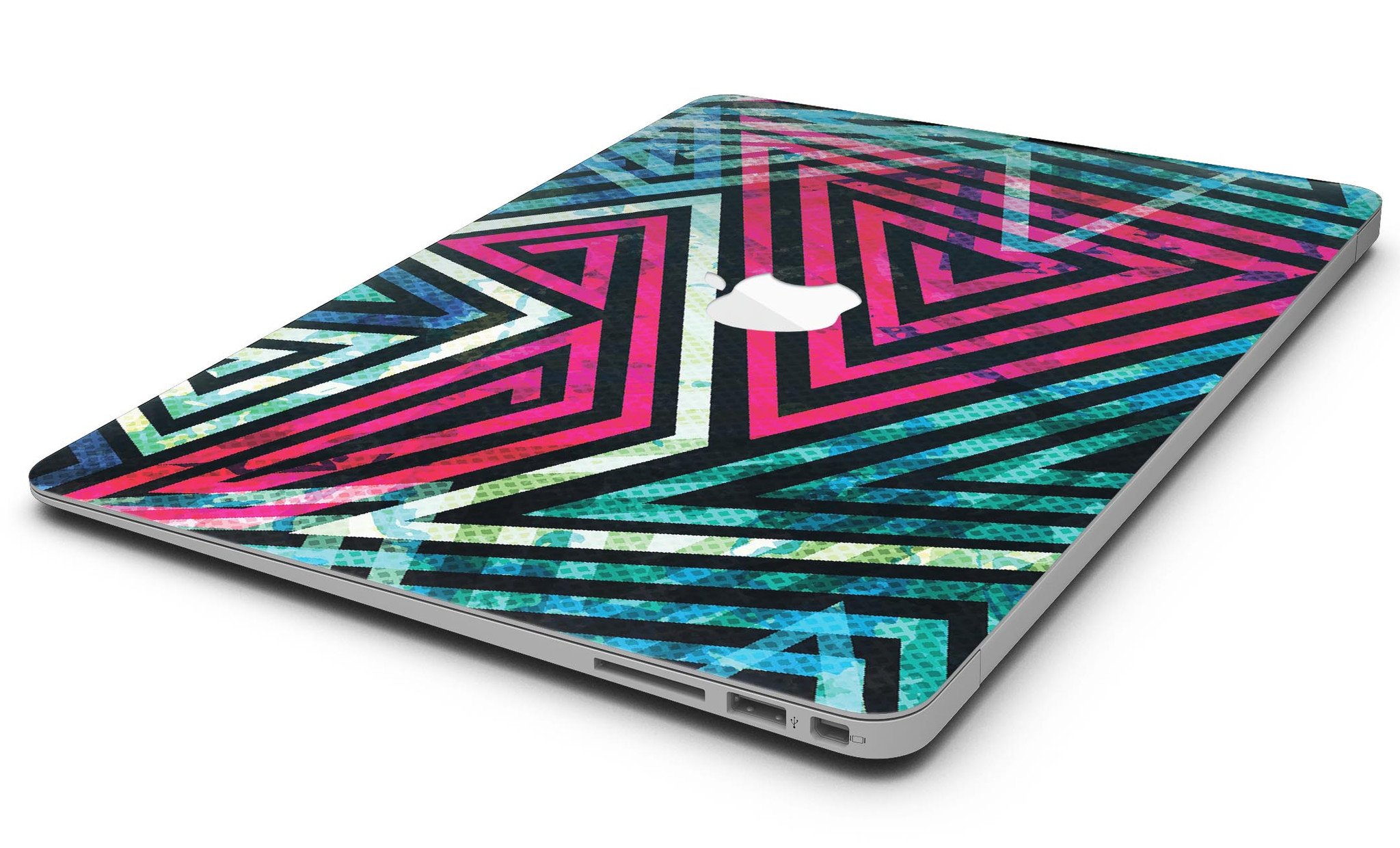 Grungy Neon Triangular Zig Zag Shapes MacBook Air Skin Kit showcasing vibrant colors and unique design.