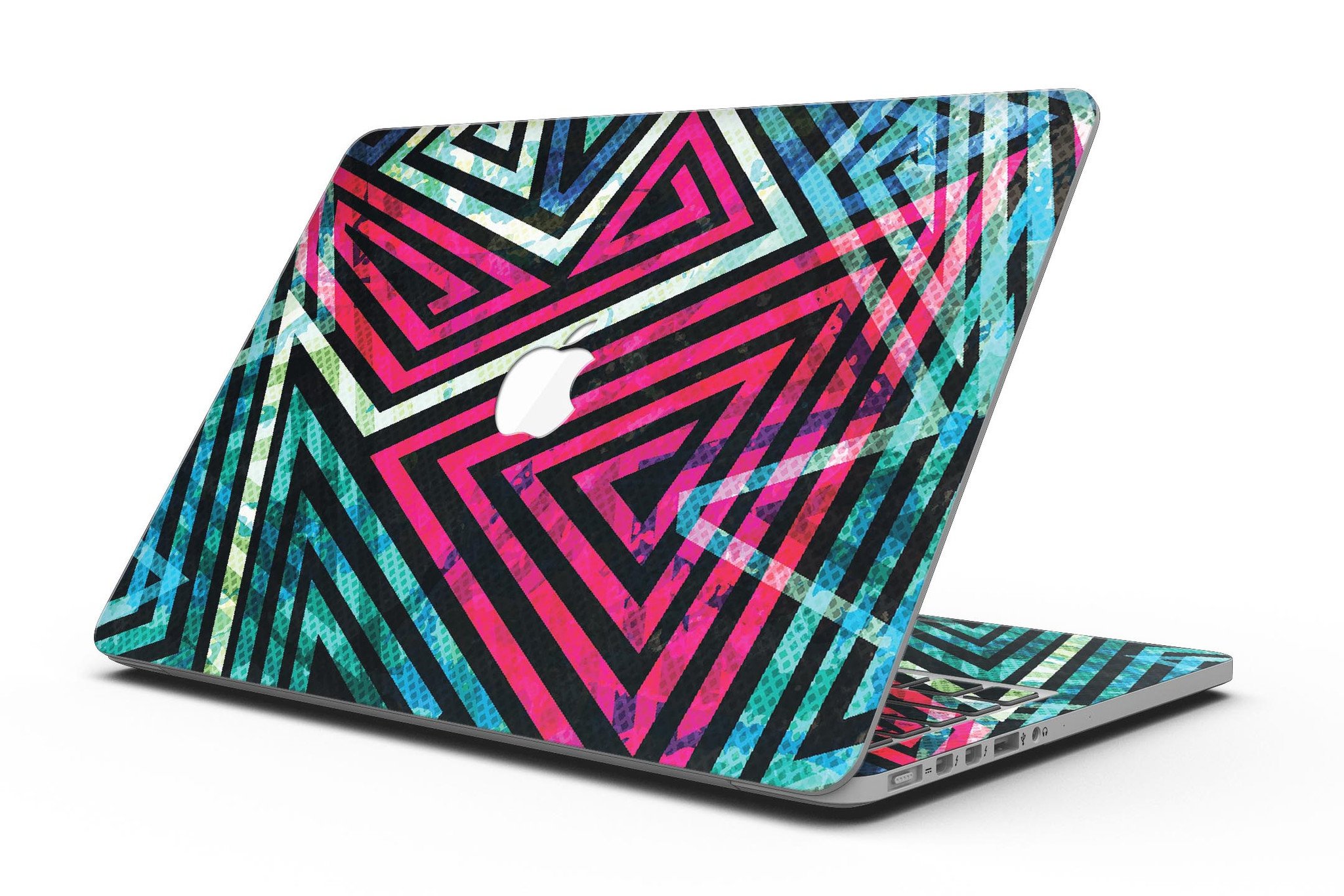 Grungy Neon Triangular Zig Zag Shapes skin for MacBook Pro with Retina Display, showcasing vibrant colors and unique design.