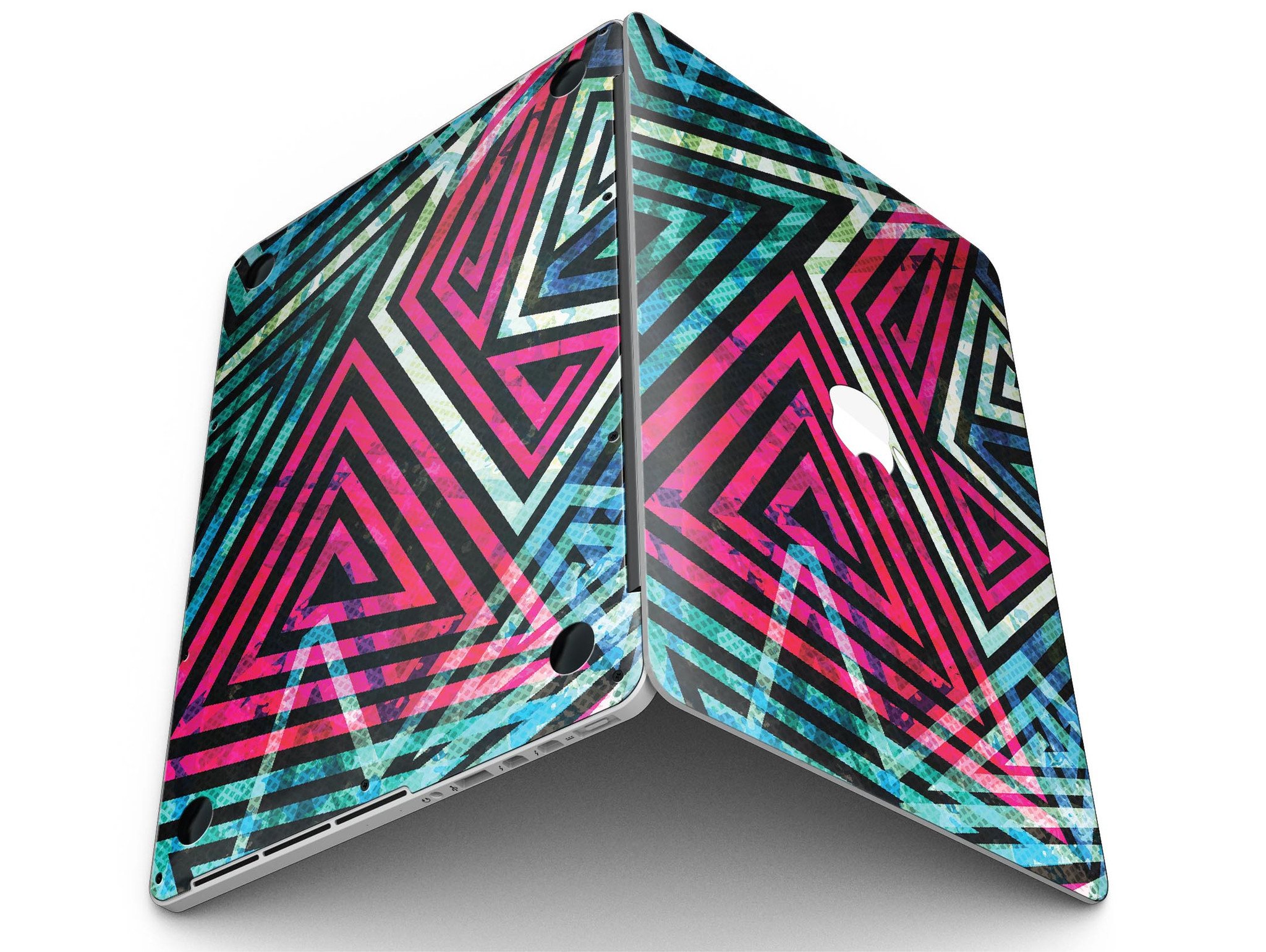 Grungy Neon Triangular Zig Zag Shapes skin for MacBook Pro with Retina Display, showcasing vibrant colors and unique design.