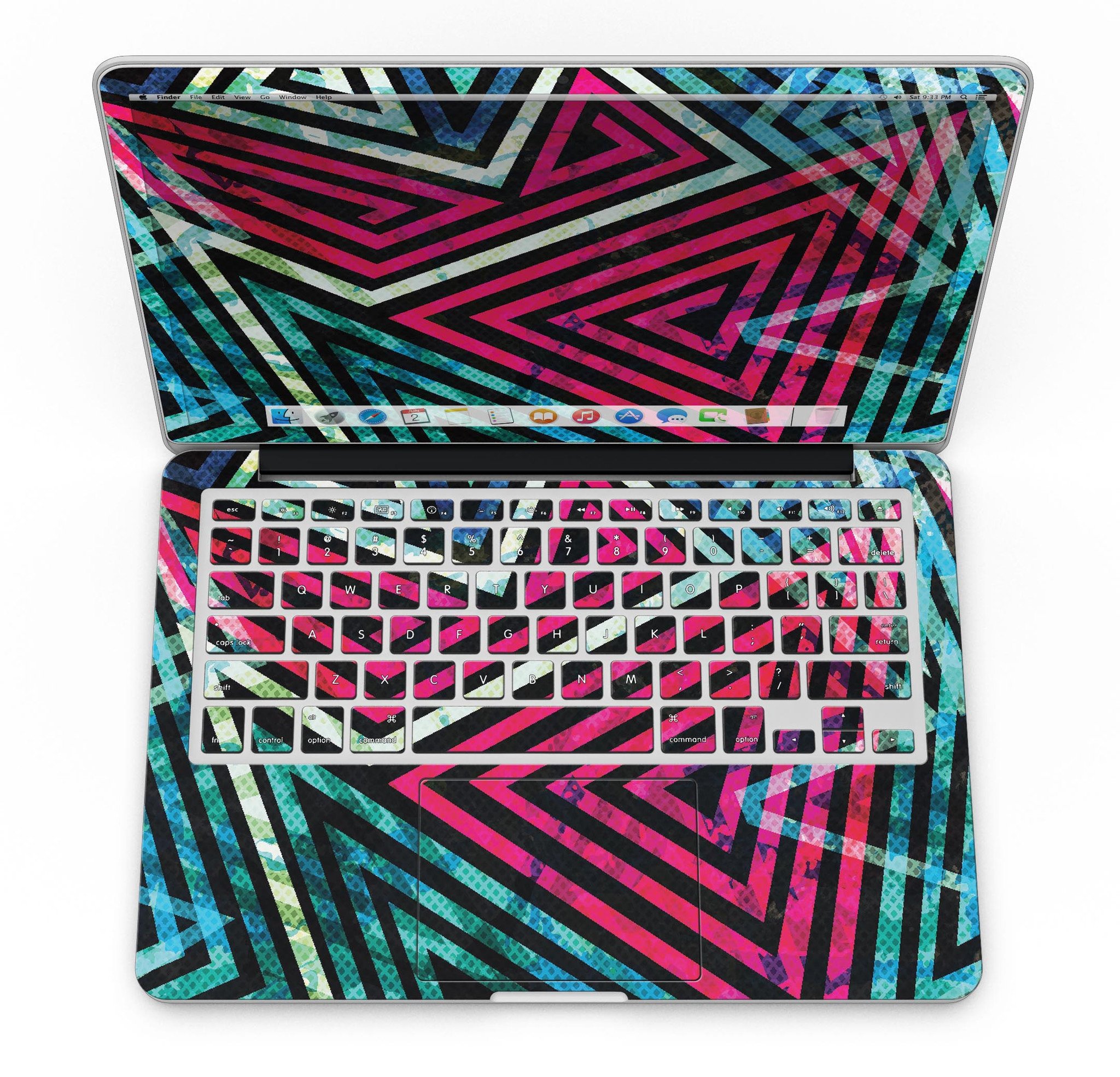 Grungy Neon Triangular Zig Zag Shapes skin for MacBook Pro with Retina Display, showcasing vibrant colors and unique design.