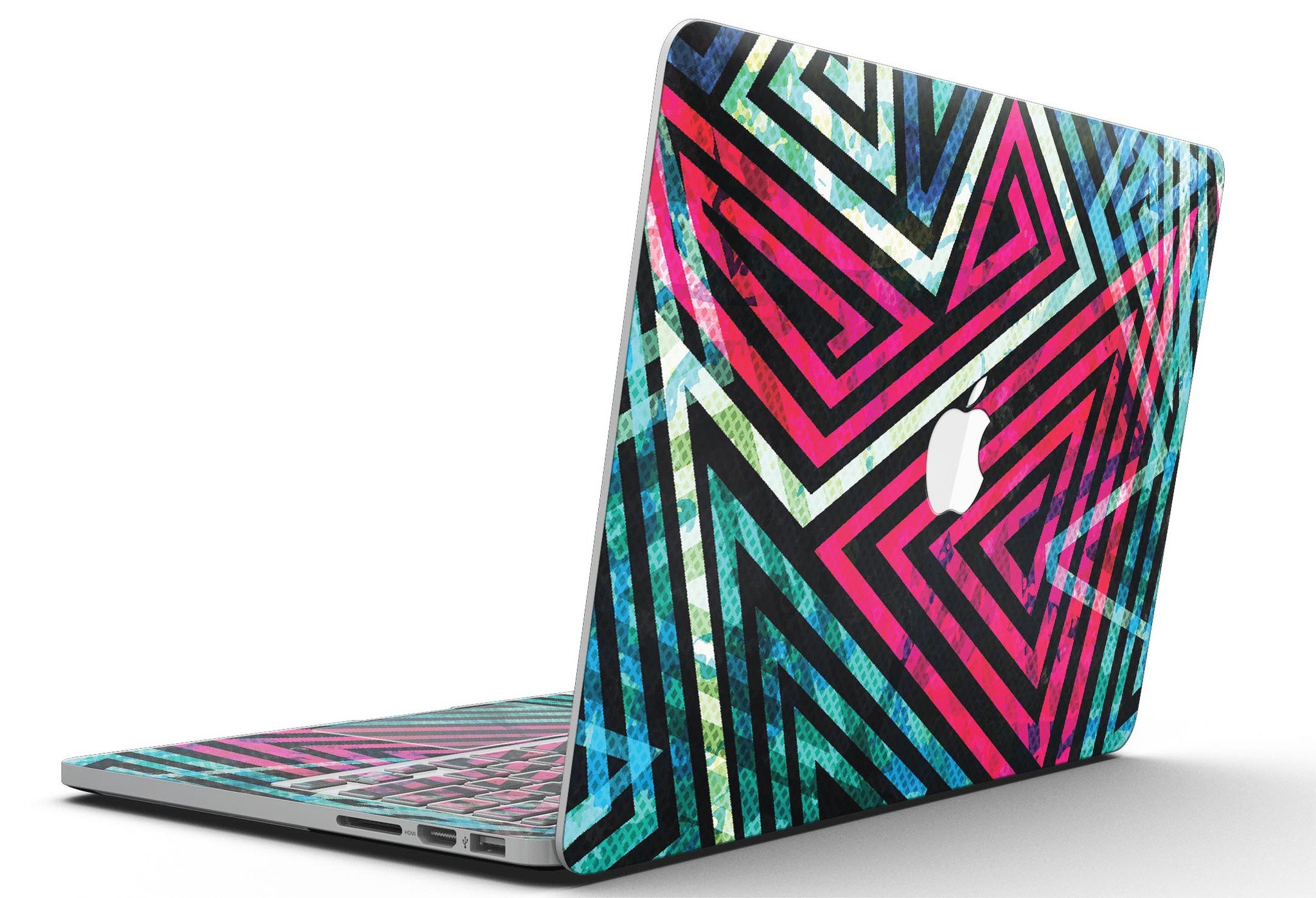 Grungy Neon Triangular Zig Zag Shapes skin for MacBook Pro with Retina Display, showcasing vibrant colors and unique design.