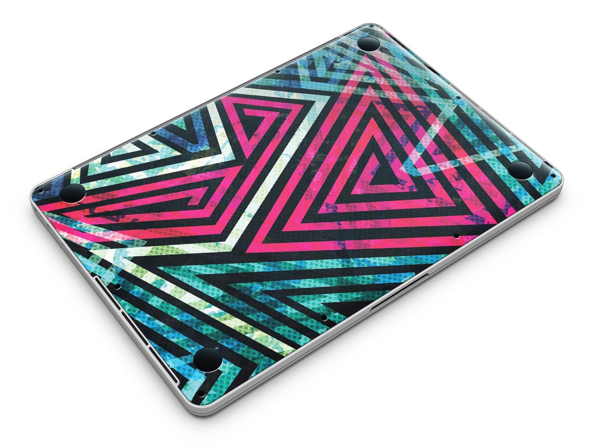 Grungy Neon Triangular Zig Zag Shapes skin for MacBook Pro with Retina Display, showcasing vibrant colors and unique design.