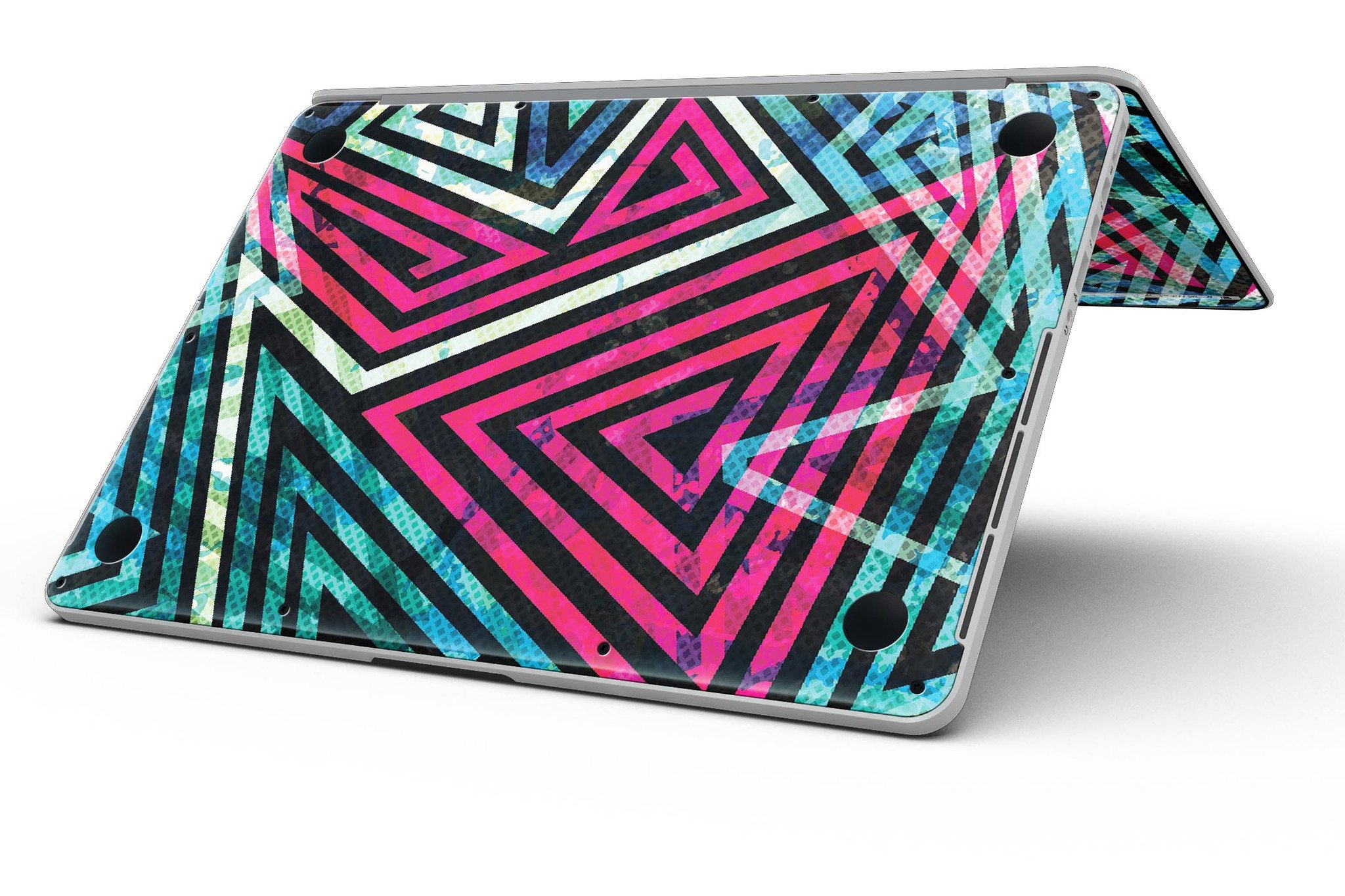 Grungy Neon Triangular Zig Zag Shapes skin for MacBook Pro with Retina Display, showcasing vibrant colors and unique design.