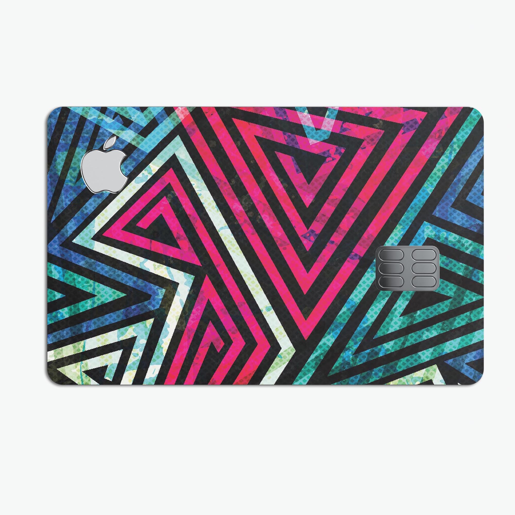 Grungy Neon Triangular Zig Zag Shapes decal on an Apple Card, showcasing vibrant colors and unique design.