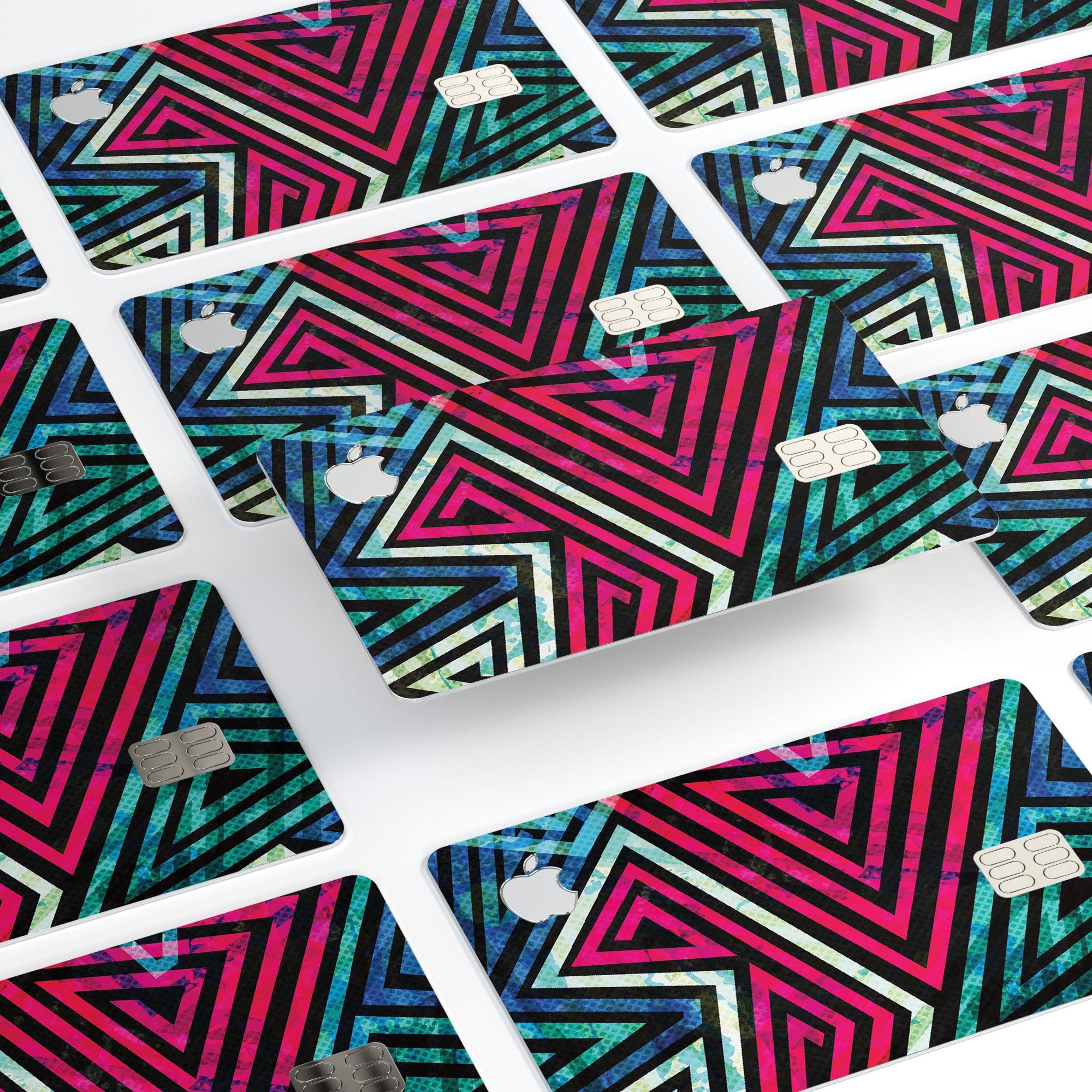 Grungy Neon Triangular Zig Zag Shapes decal on an Apple Card, showcasing vibrant colors and unique design.