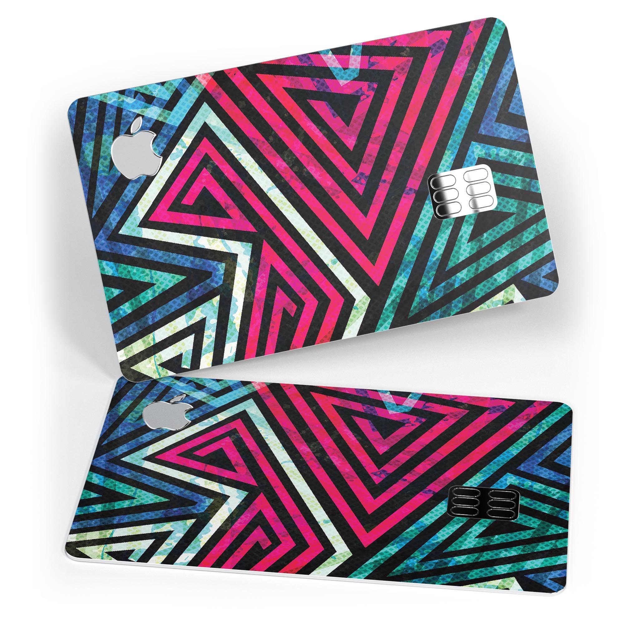 Grungy Neon Triangular Zig Zag Shapes decal on an Apple Card, showcasing vibrant colors and unique design.