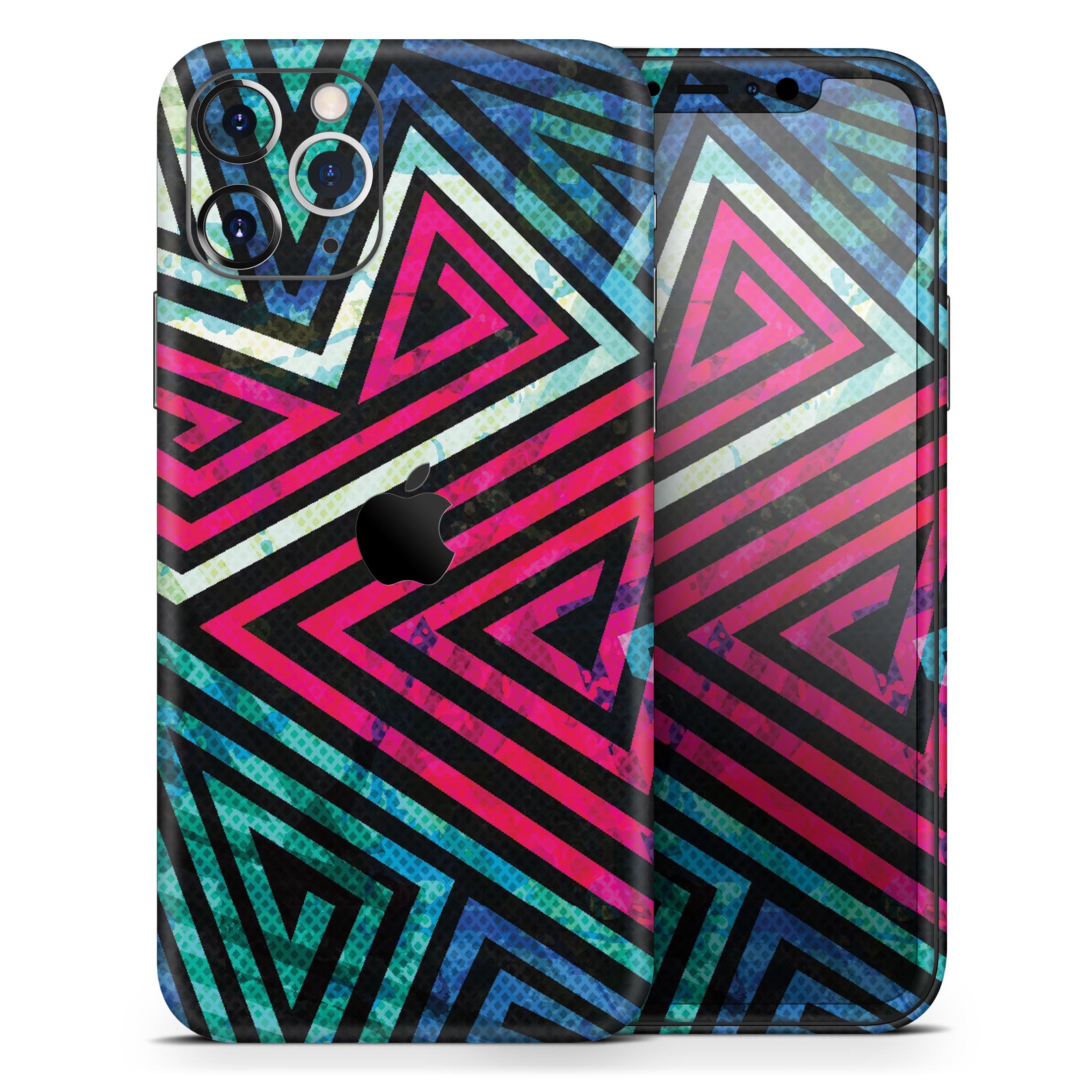 Grungy Neon Triangular Zig Zag Shapes skin for iPhone, showcasing vibrant colors and unique design.