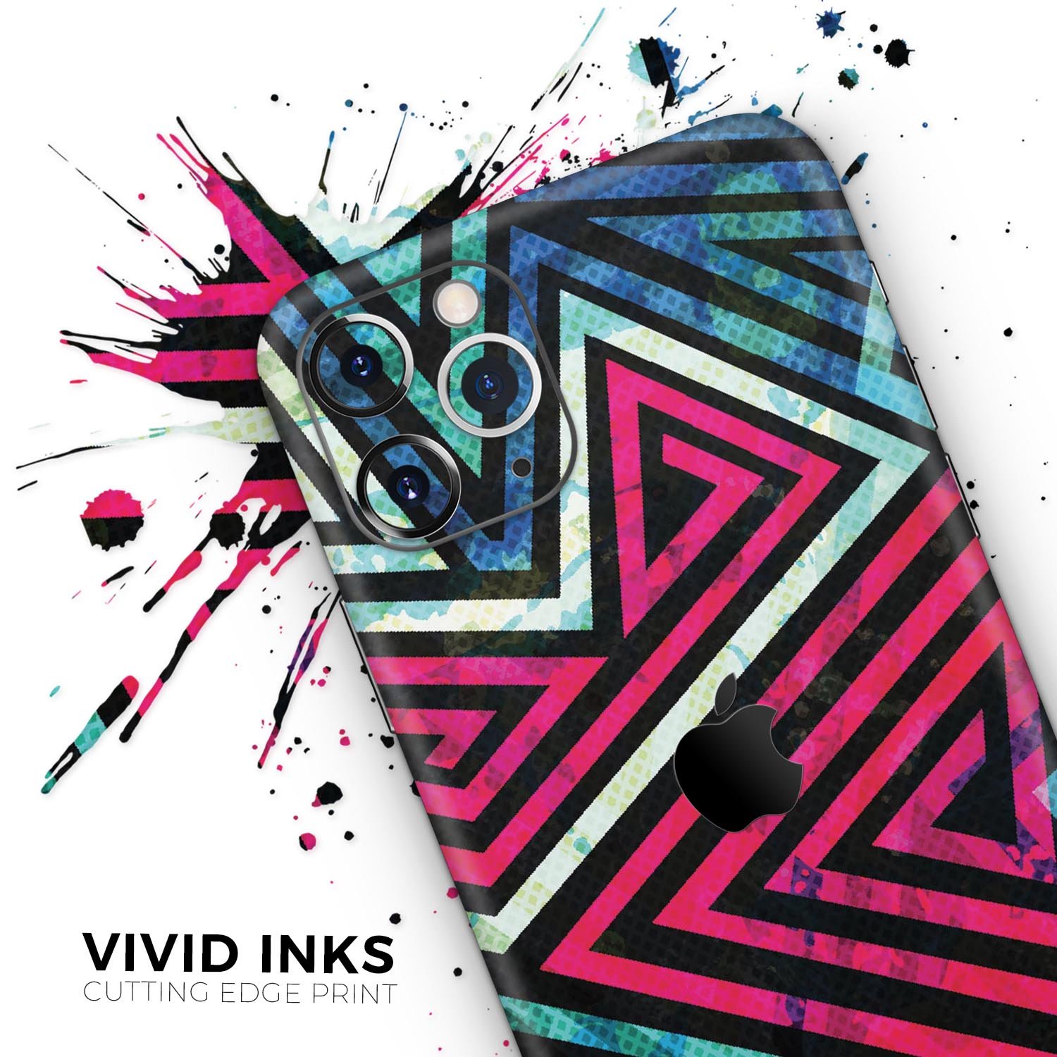 Grungy Neon Triangular Zig Zag Shapes skin for iPhone, showcasing vibrant colors and unique design.