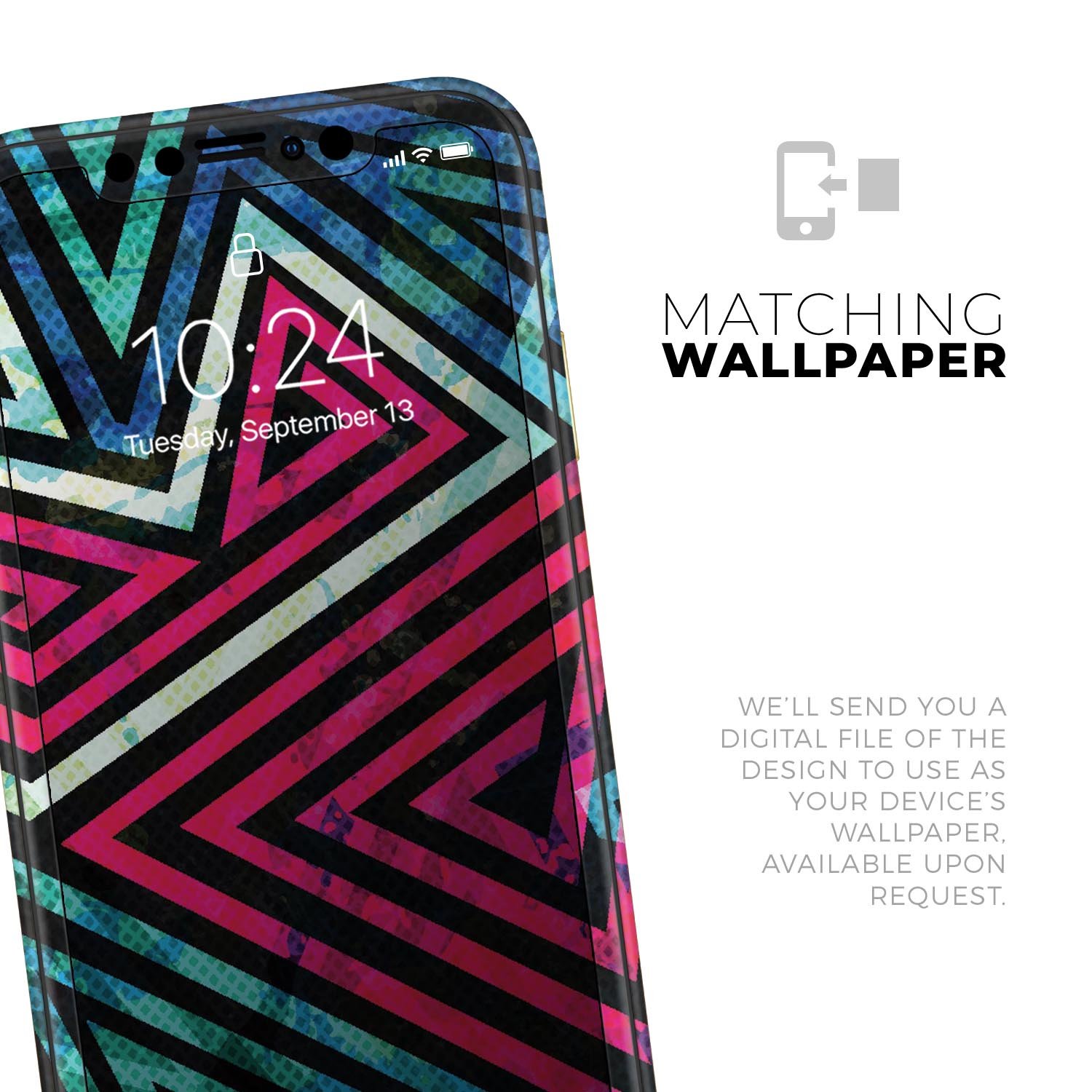 Grungy Neon Triangular Zig Zag Shapes skin for iPhone, showcasing vibrant colors and unique design.