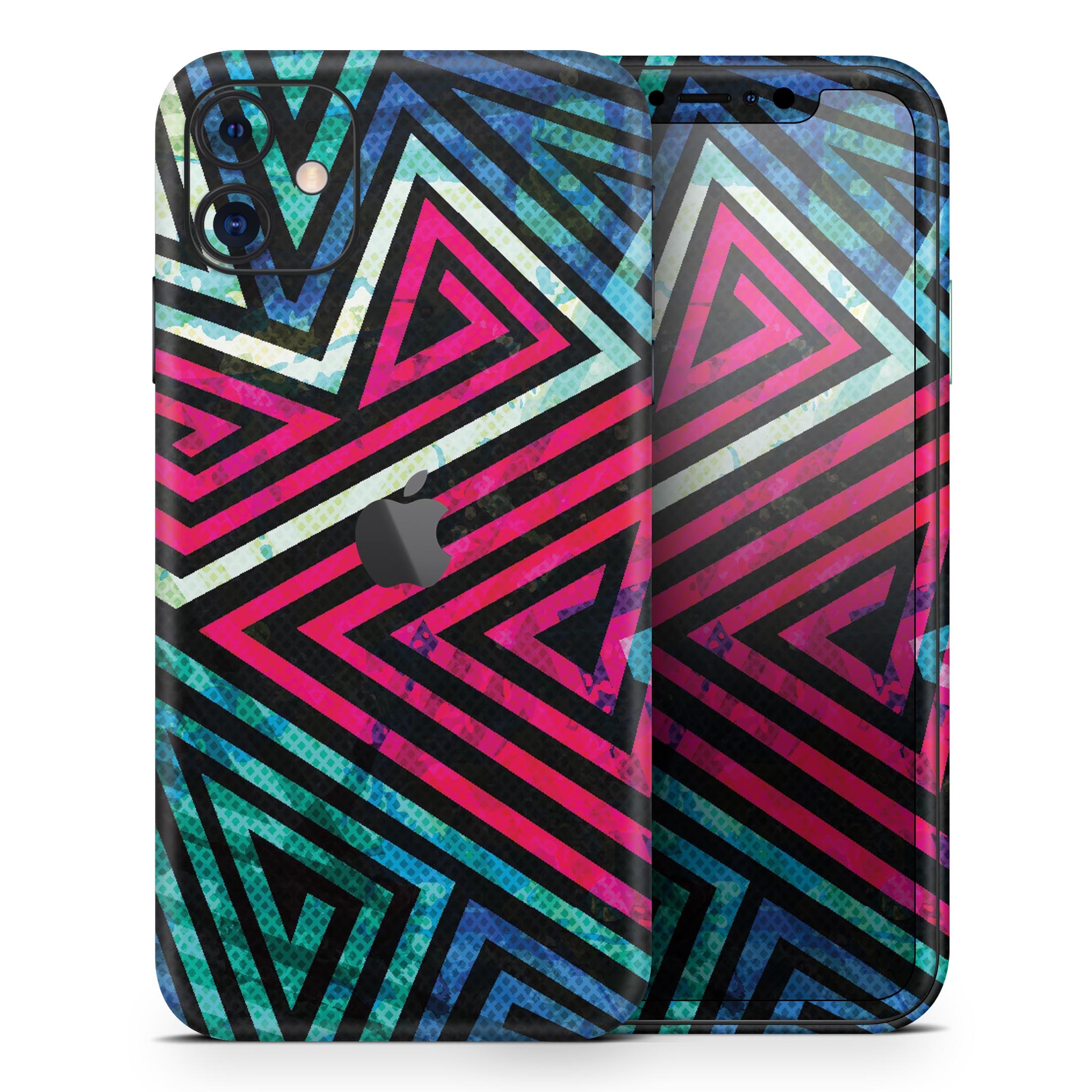 Grungy Neon Triangular Zig Zag Shapes skin for iPhone, showcasing vibrant colors and unique design.