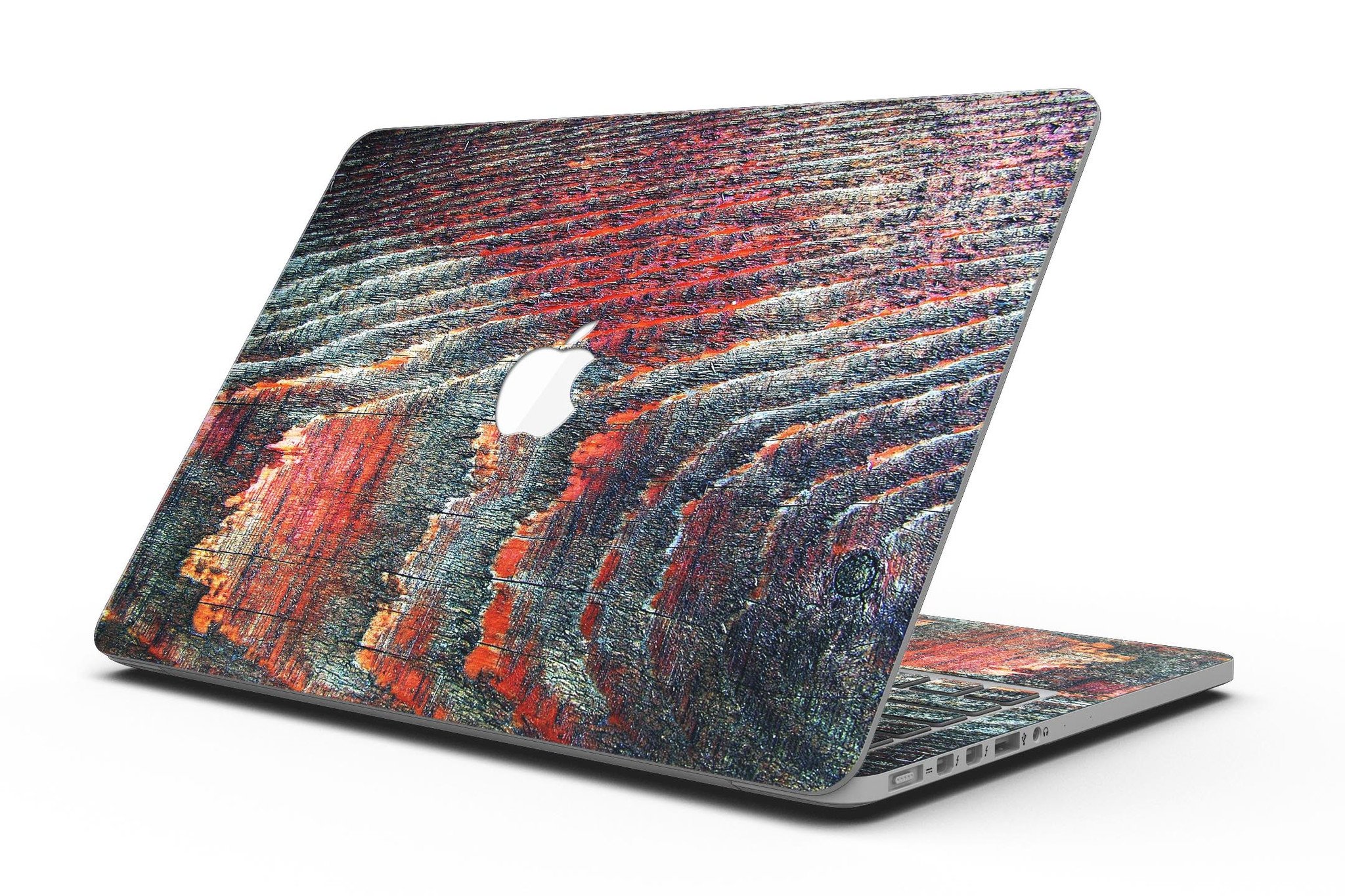 Grungy orange and teal dyed wood skin for MacBook Pro with Retina Display, showcasing vibrant colors and a stylish design.