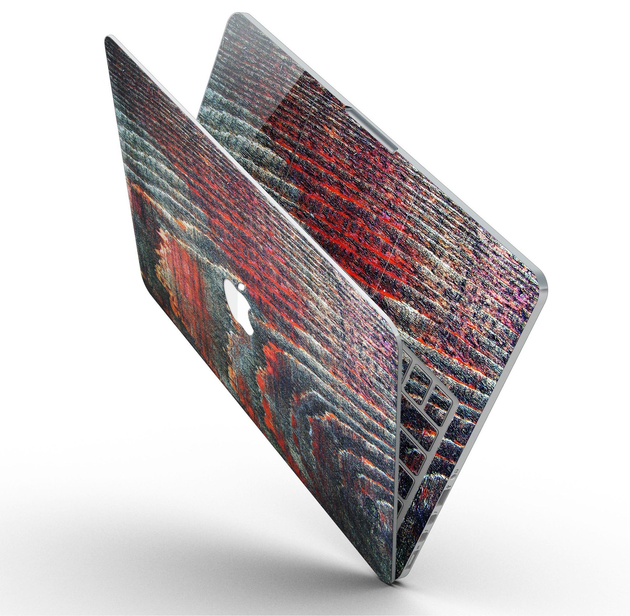 Grungy orange and teal dyed wood skin for MacBook Pro with Retina Display, showcasing vibrant colors and a stylish design.