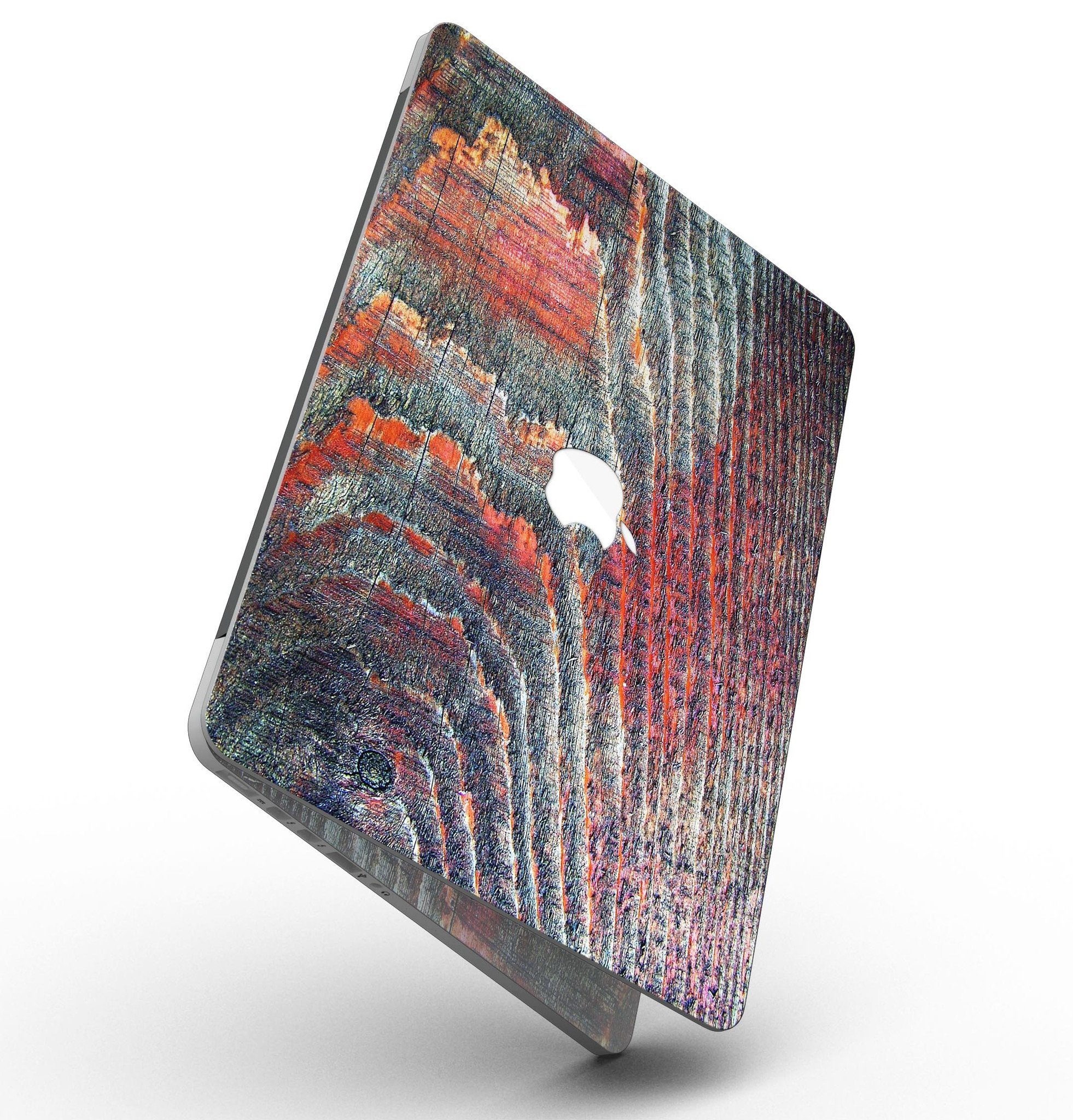 Grungy orange and teal dyed wood skin for MacBook Pro with Retina Display, showcasing vibrant colors and a stylish design.