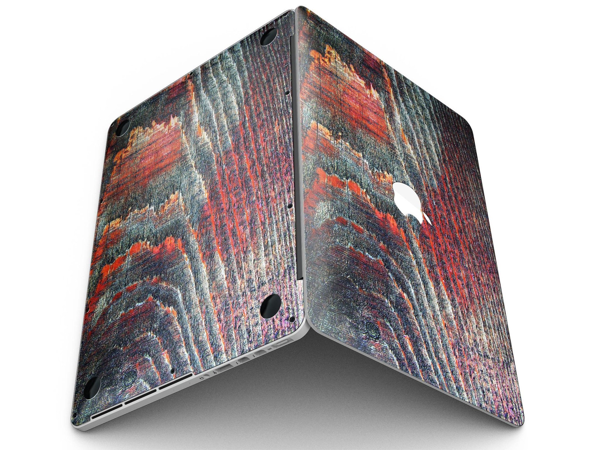 Grungy orange and teal dyed wood skin for MacBook Pro with Retina Display, showcasing vibrant colors and a stylish design.