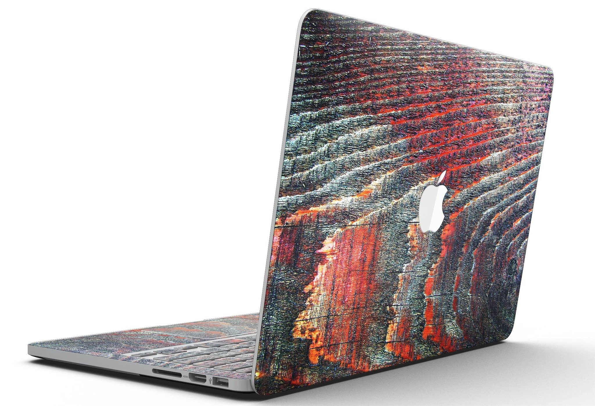 Grungy orange and teal dyed wood skin for MacBook Pro with Retina Display, showcasing vibrant colors and a stylish design.