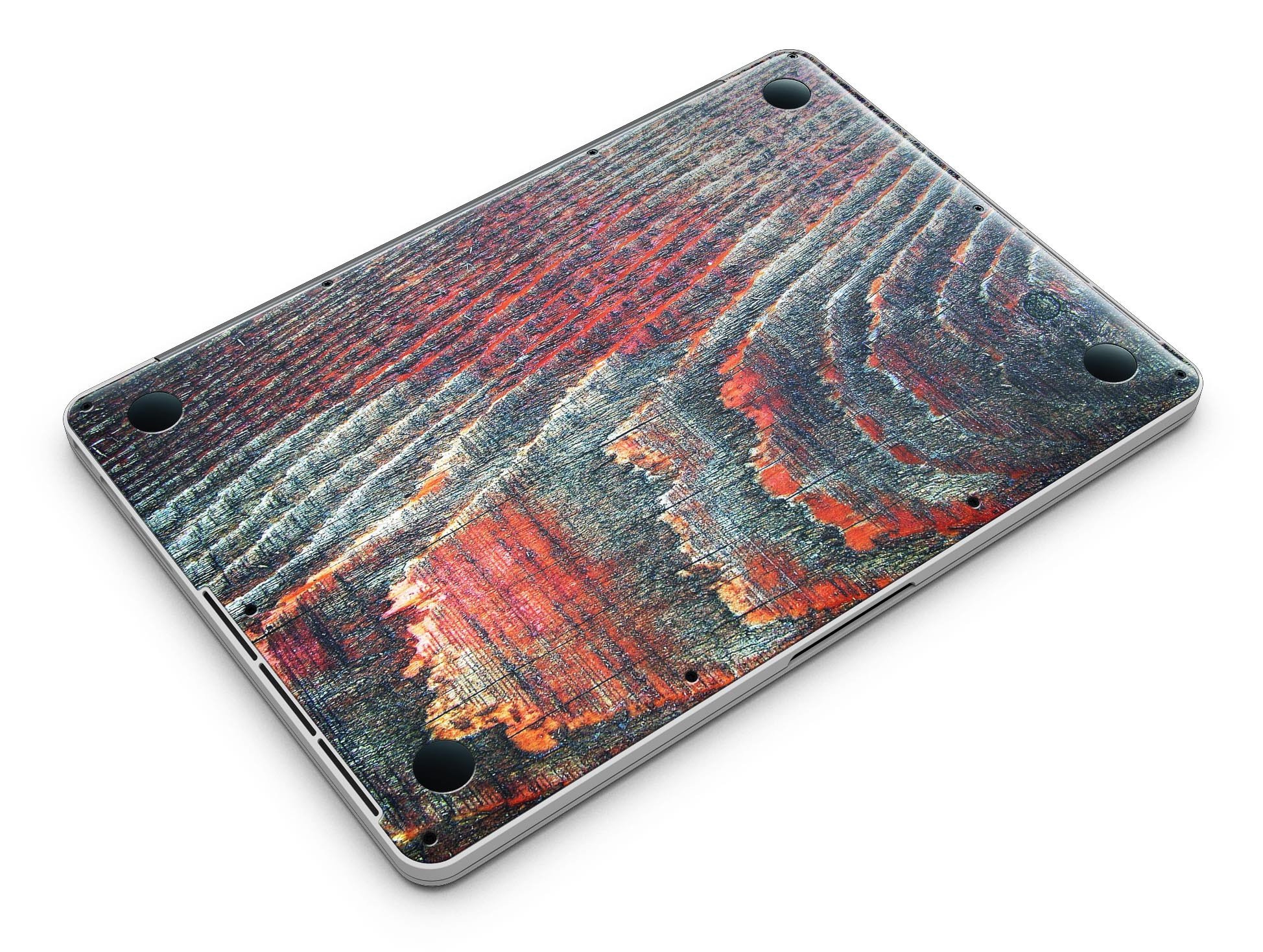 Grungy orange and teal dyed wood skin for MacBook Pro with Retina Display, showcasing vibrant colors and a stylish design.