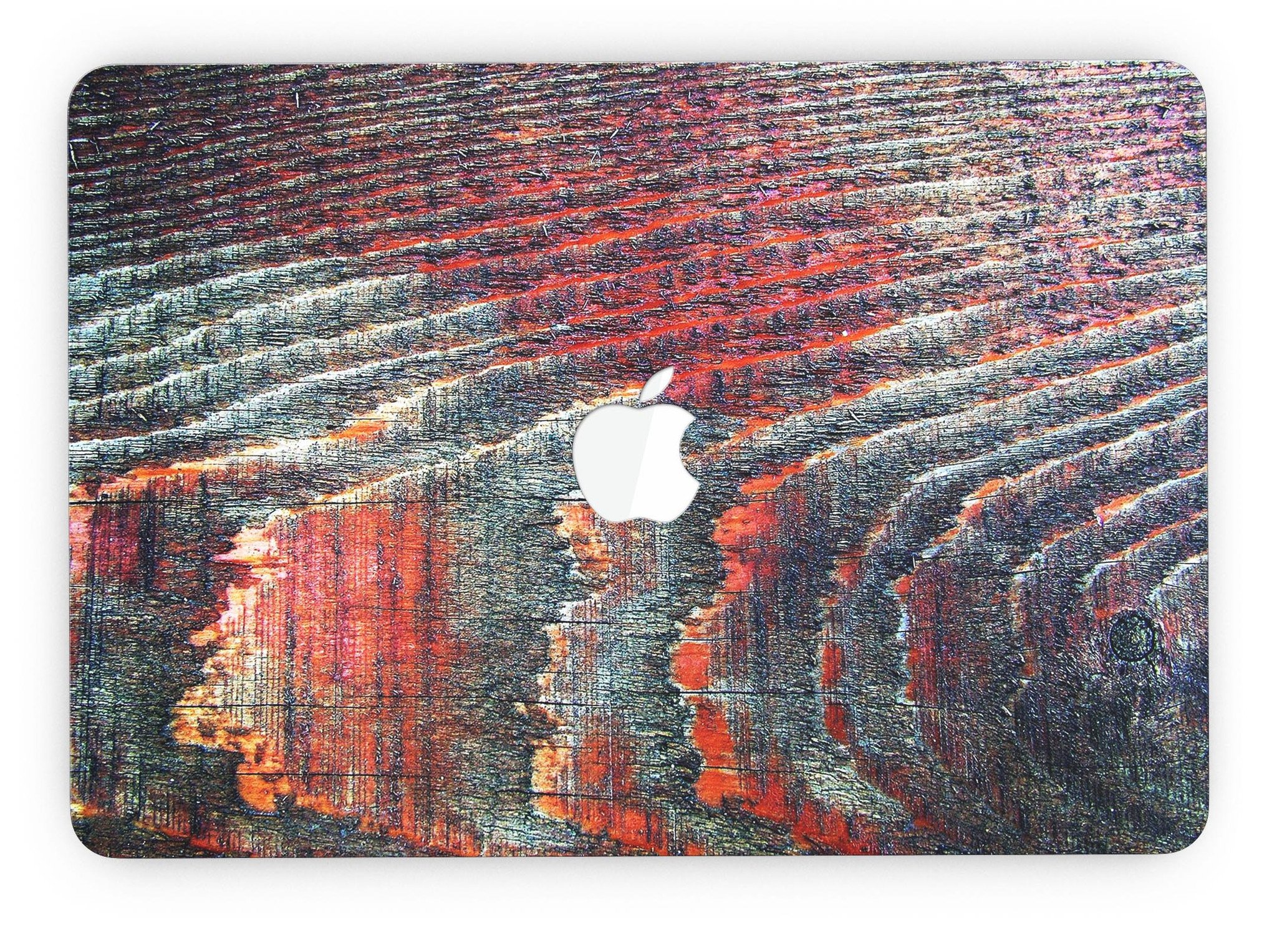 Grungy orange and teal dyed wood skin for MacBook Pro with Retina Display, showcasing vibrant colors and a stylish design.