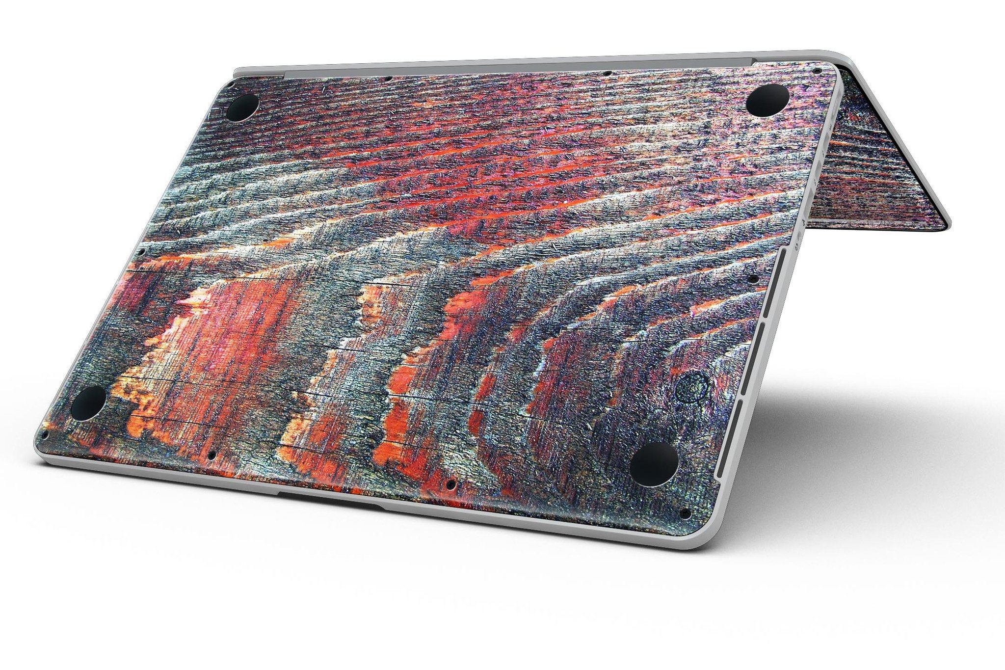 Grungy orange and teal dyed wood skin for MacBook Pro with Retina Display, showcasing vibrant colors and a stylish design.