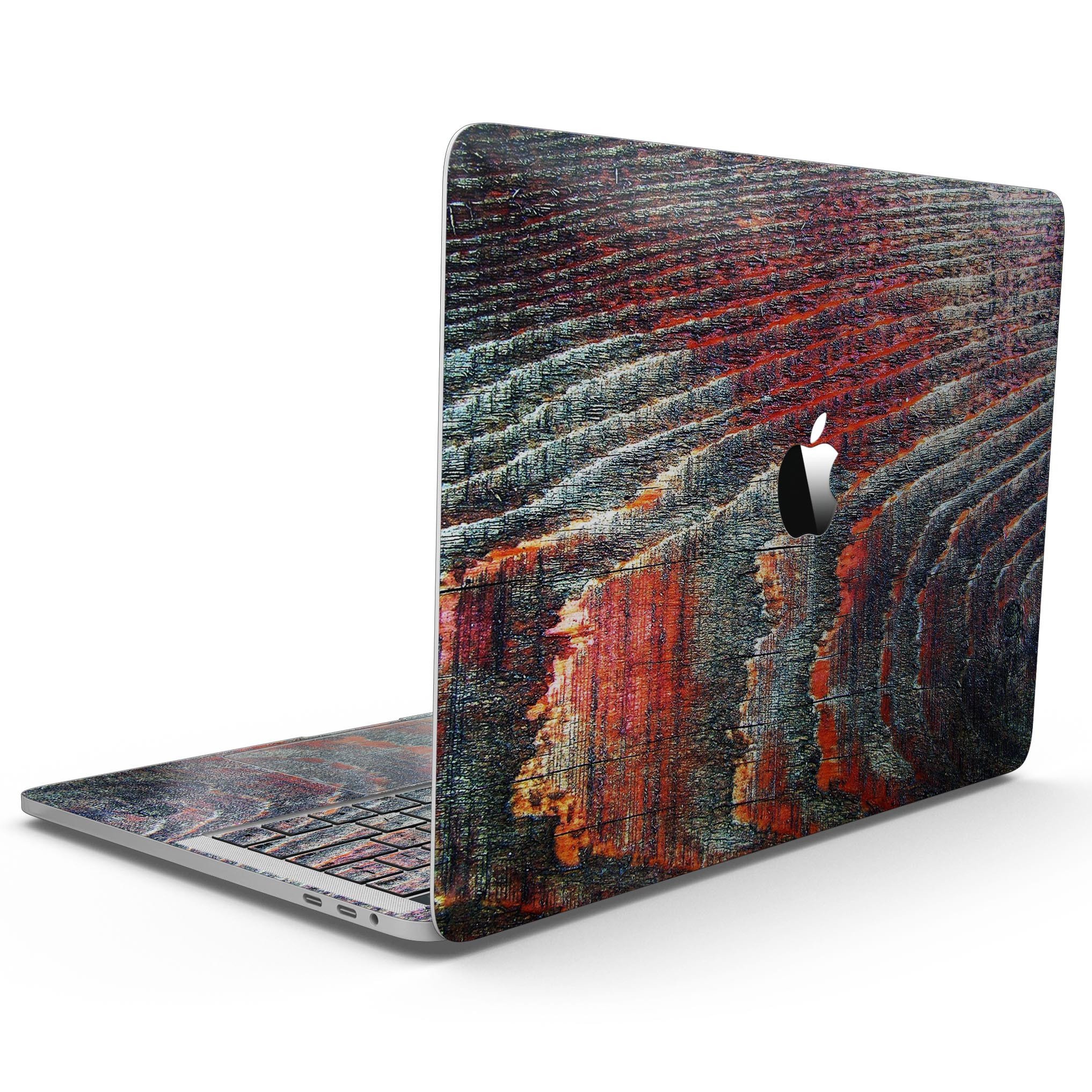 Grungy Orange and Teal Dyed Wood Surface skin for MacBook Pro with Touch Bar, showcasing vibrant colors and wood texture.