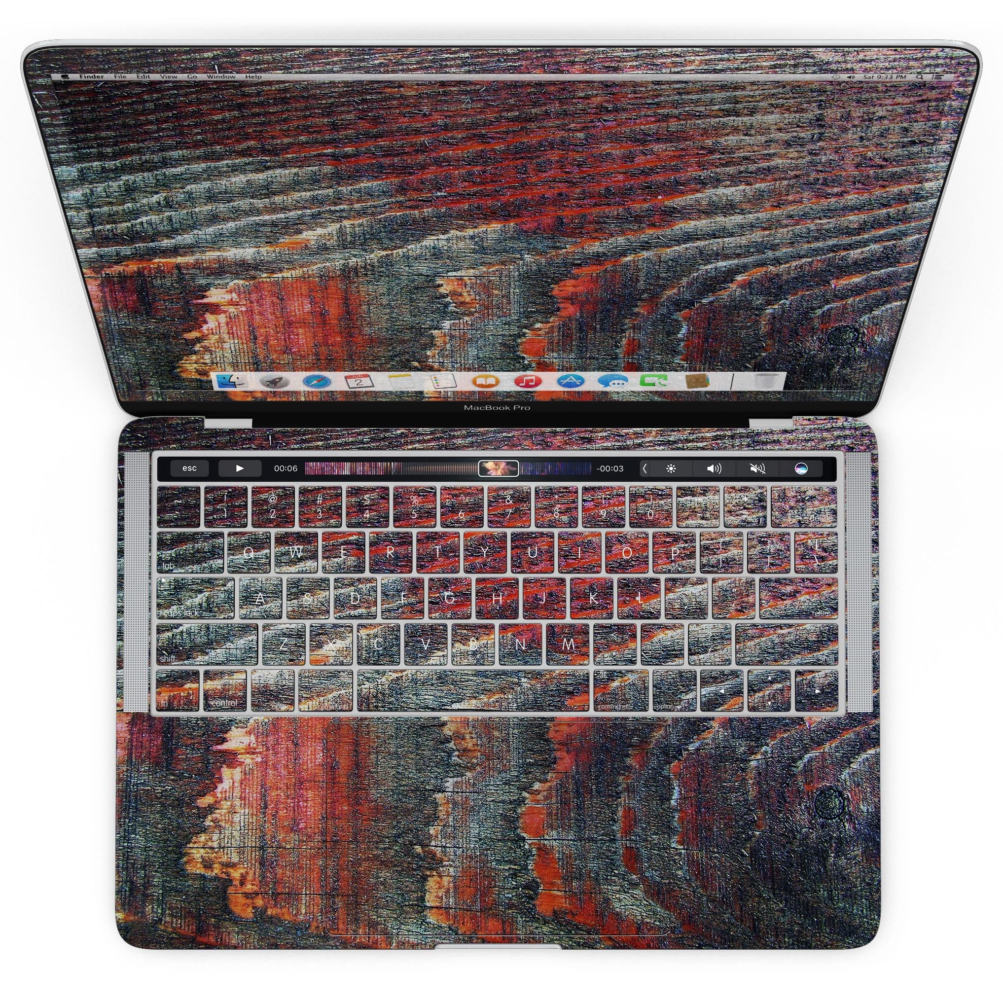 Grungy Orange and Teal Dyed Wood Surface skin for MacBook Pro with Touch Bar, showcasing vibrant colors and wood texture.