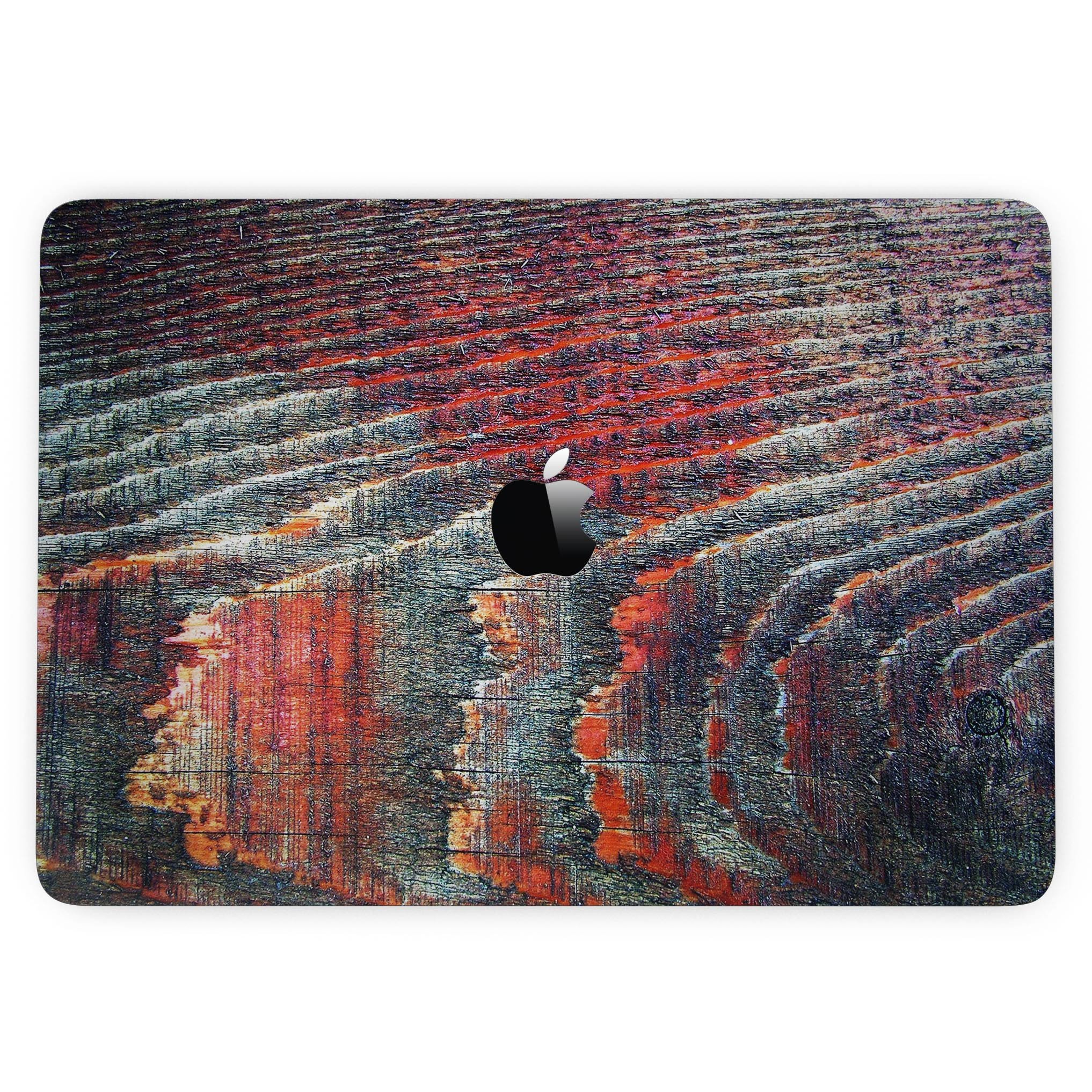 Grungy Orange and Teal Dyed Wood Surface skin for MacBook Pro with Touch Bar, showcasing vibrant colors and wood texture.