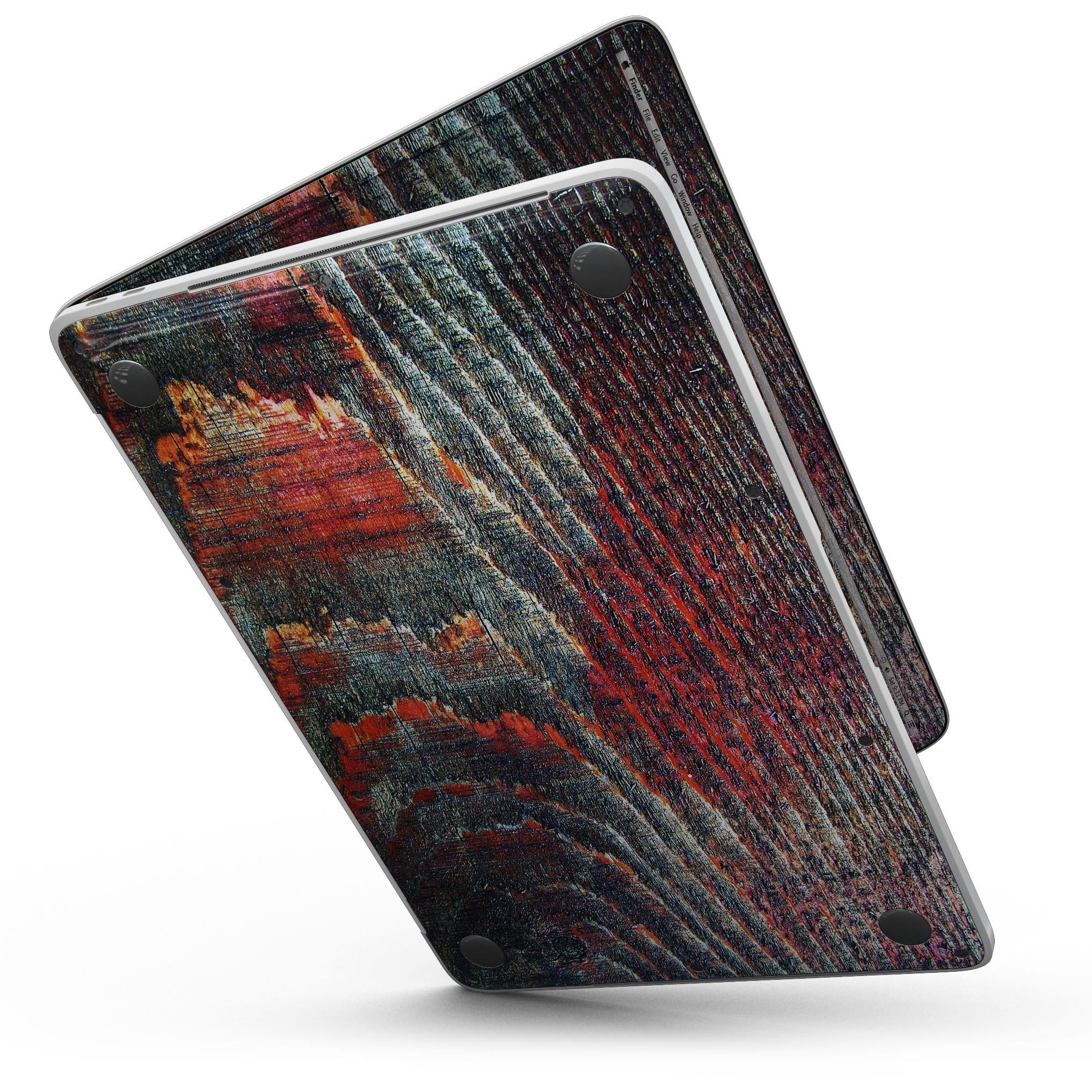 Grungy Orange and Teal Dyed Wood Surface skin for MacBook Pro with Touch Bar, showcasing vibrant colors and wood texture.